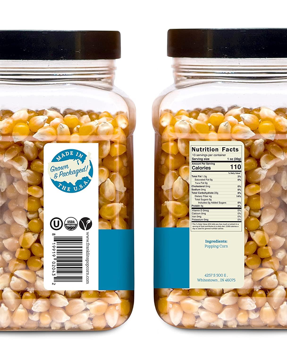 Franklin's Gourmet Organic Popcorn Kernels 13.5oz Tub Made in USA, AllNatural, Certified