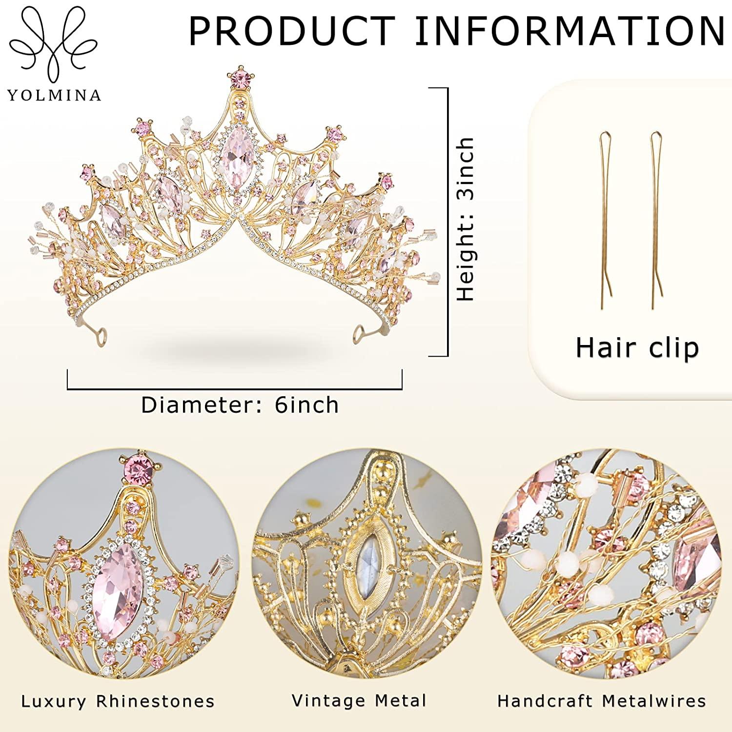 Royal Gold Princess Crown With Crystals - Bridal Tiara, Pageant Headpiece, Adjustable (Pink)