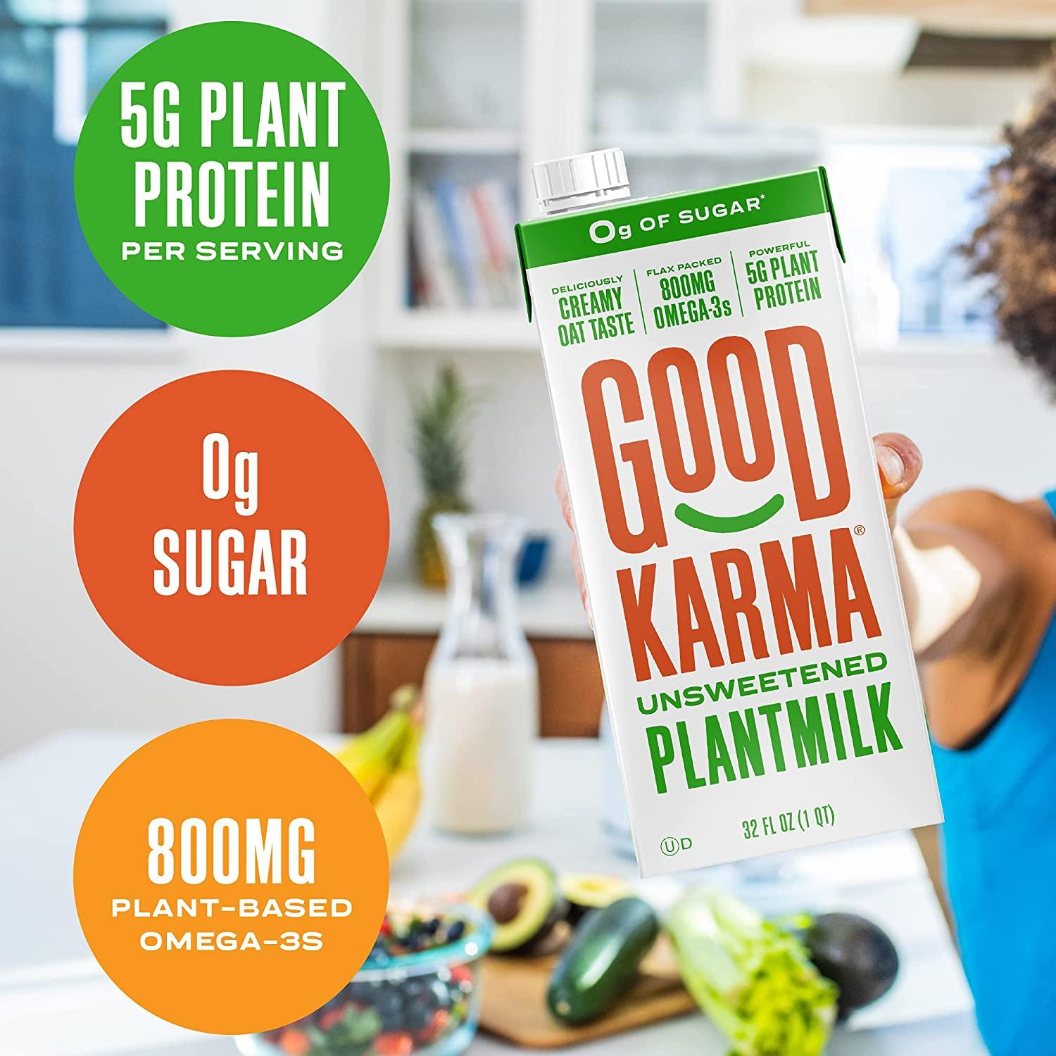 Good Karma Unsweetened Oat Milk Plus Protein and Omega3, 32 Ounce (Pack of 6), PlantBased Non