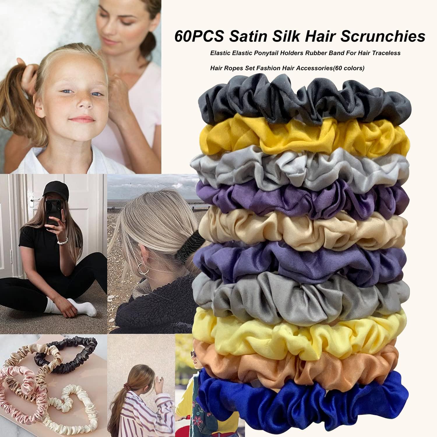 YANRONG 60PCS Satin Silk Hair Scrunchies Elastic Elastic Ponytail Holders  Rubber Band For Hair Traceless Hair Ropes Set Fashion Hair Accessories  Softer than Silk(60 Colors) 60PCS (60 Colors)