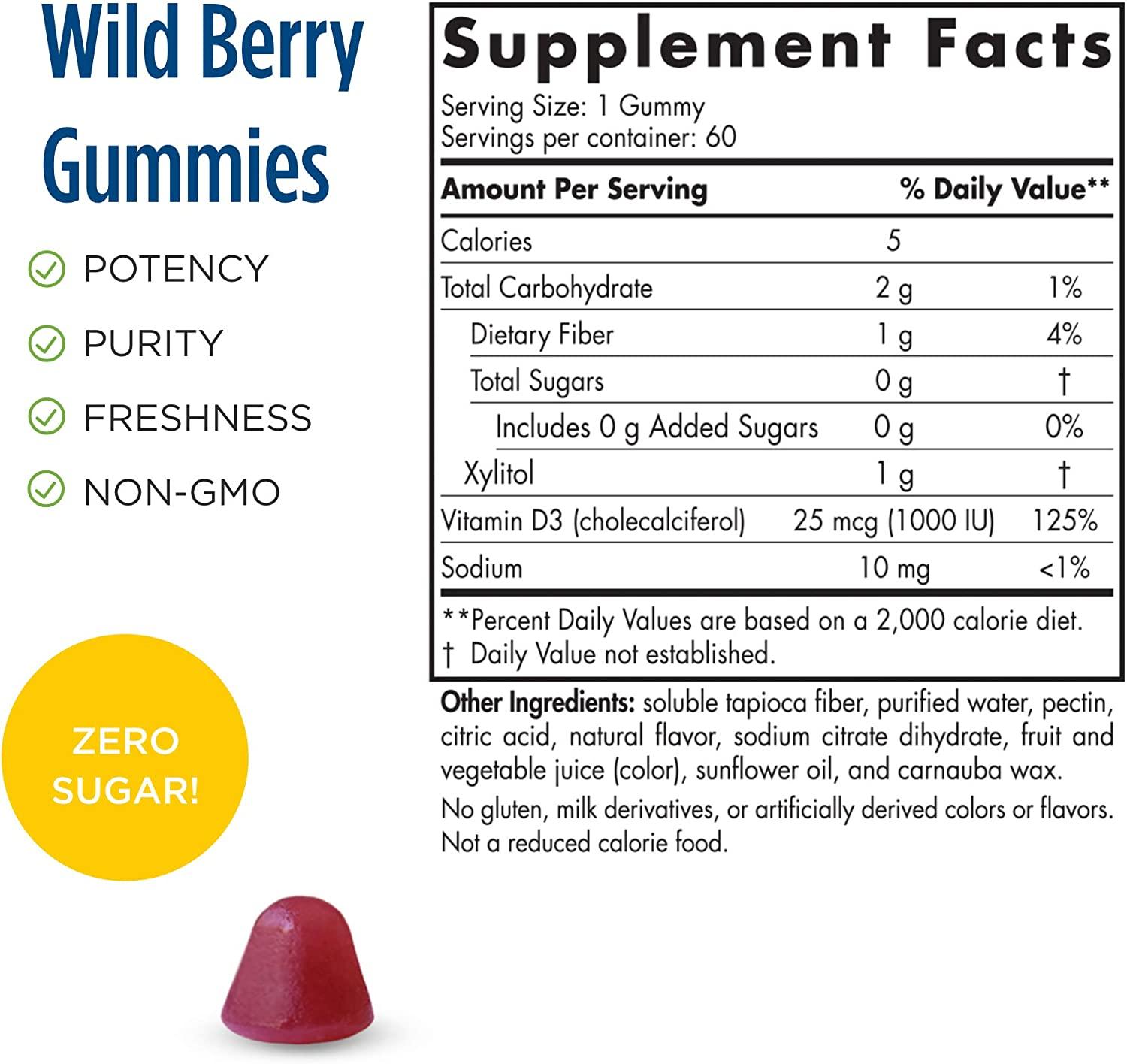 Nordic Naturals Vitamin D3 Gummies 25 mcg Zero Sugar Wild Berry (60 Count)