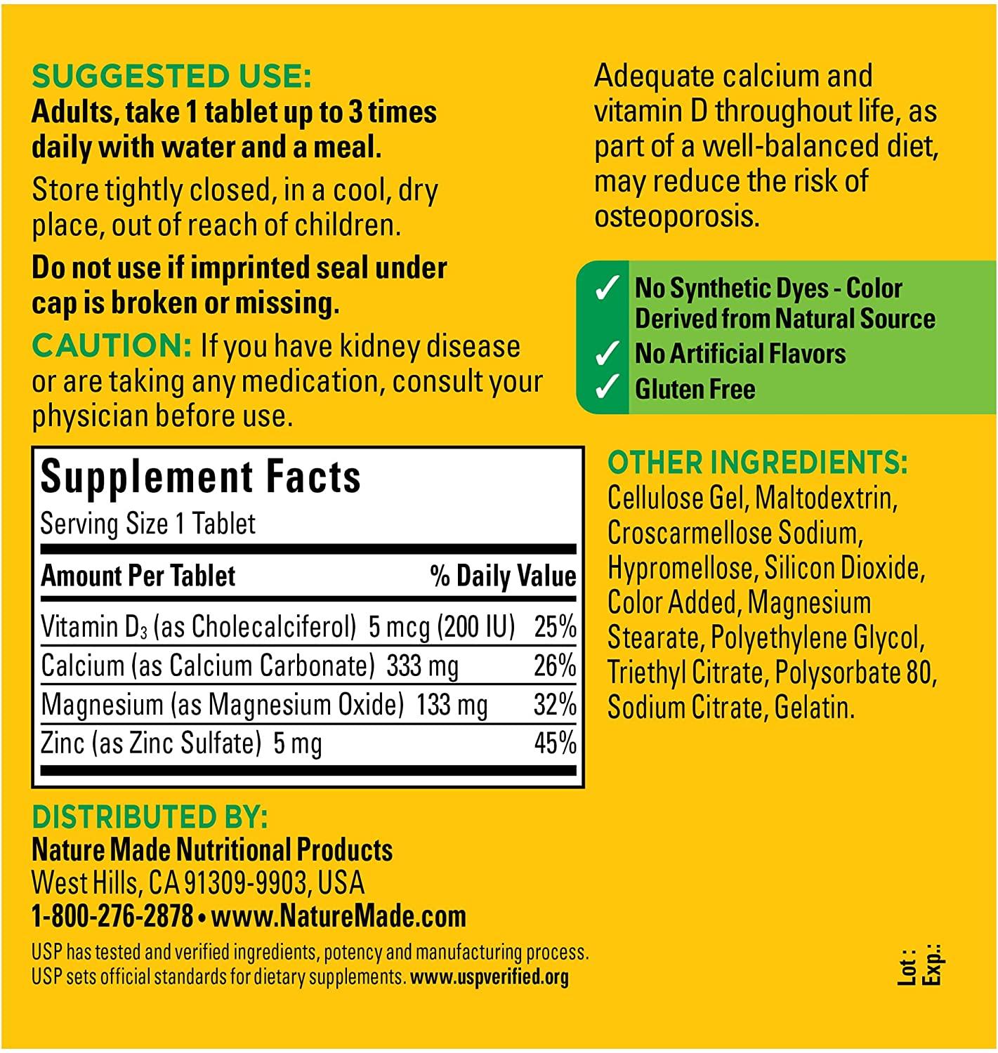 Nature Made Calcium Magnesium Zinc with Vitamin D3 | 300 Tablets for ...