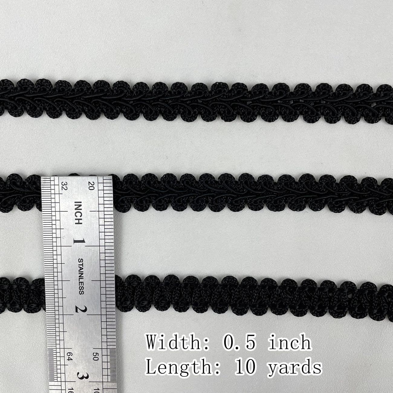 Braid Gimp Trim 1/2 Inch Braided Cord Scalloped Edge Braid Rick Rack Trim  for Sewing, Pillows, Home Curtain (10 Yards, Black)