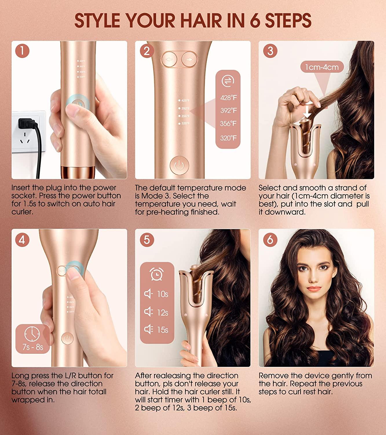 Professional Automatic Hair Curler with Anti Tangle Technology Large Slot 4 Temperature Settings 3 Timer Options Dual Voltage Rotating Curling Iron in Champagne