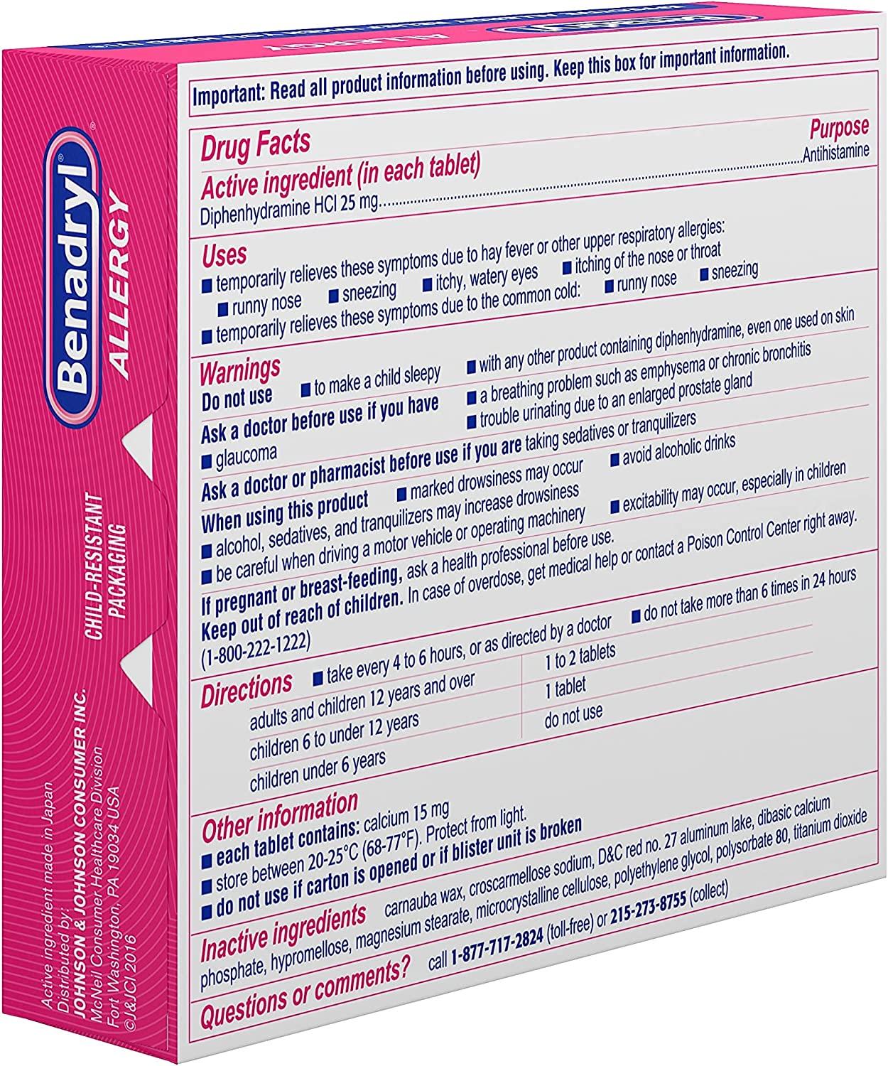 Benadryl Ultratabs Antihistamine Allergy Medicine, Diphenhydramine HCl  Tablets, 48 ct 48 Count (Pack of 1)