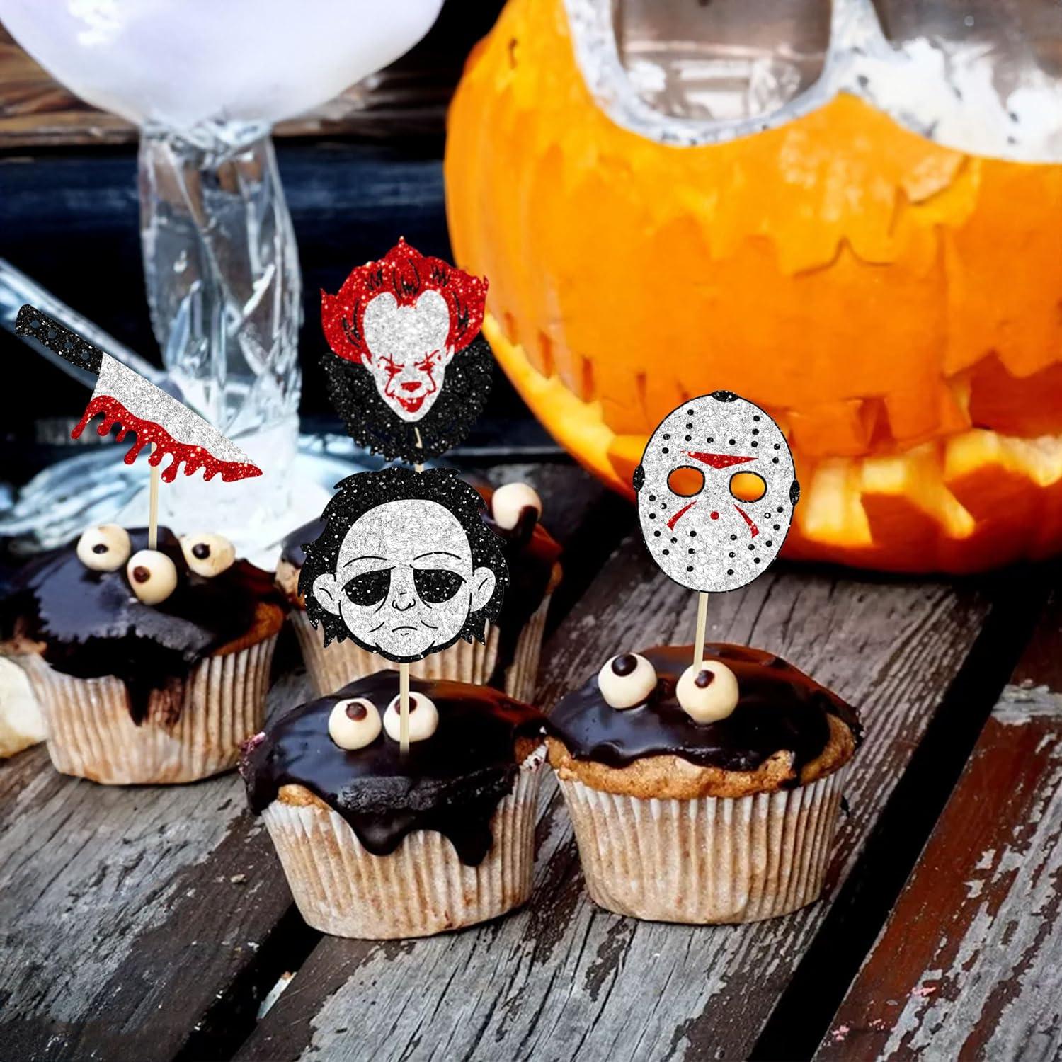 24Pcs Horror Movie Cupcake Toppers Glitter Bloody Knife Killer Birthday