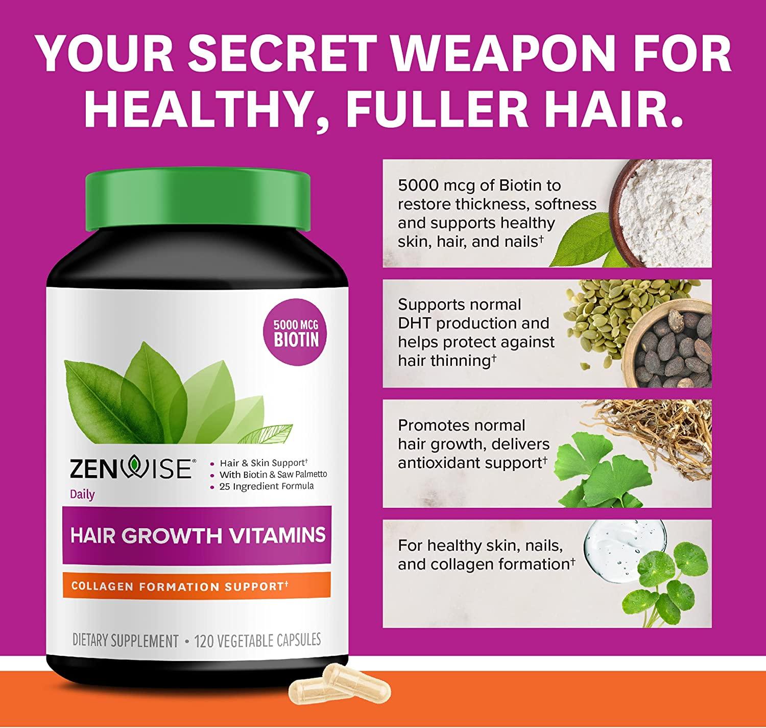  - Zenwise Health Daily Hair Growth Vitamins 120 Vegetable  Capsules