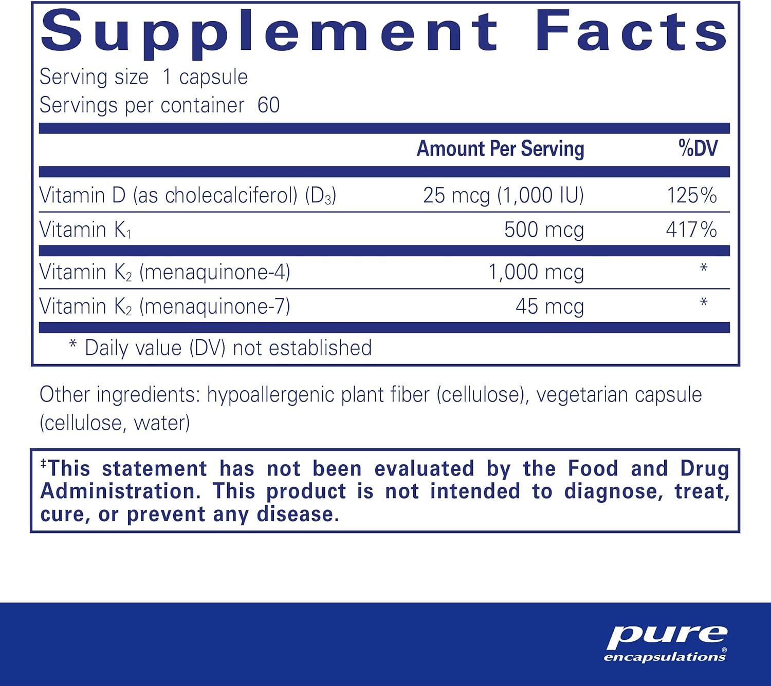 Pure Encapsulations Synergy K Supplement with Vitamin K1 K2 and D3 to