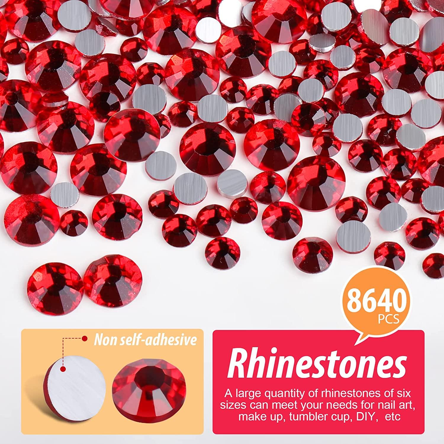 4010pcs Red Rhinestones Nail Gems Siam Red Round Flatback Stones 6  Sizes(1.6-6.1mm) to SS30 K9 Glass Non-Hotfix Ruby Red Nail Crystals Jewels  Nail Art