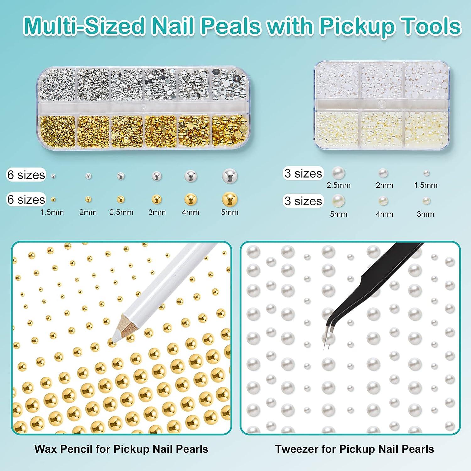 5600 PCS Nail Art Pearls Flatback Pearls 2 Boxes Multi Size Gold