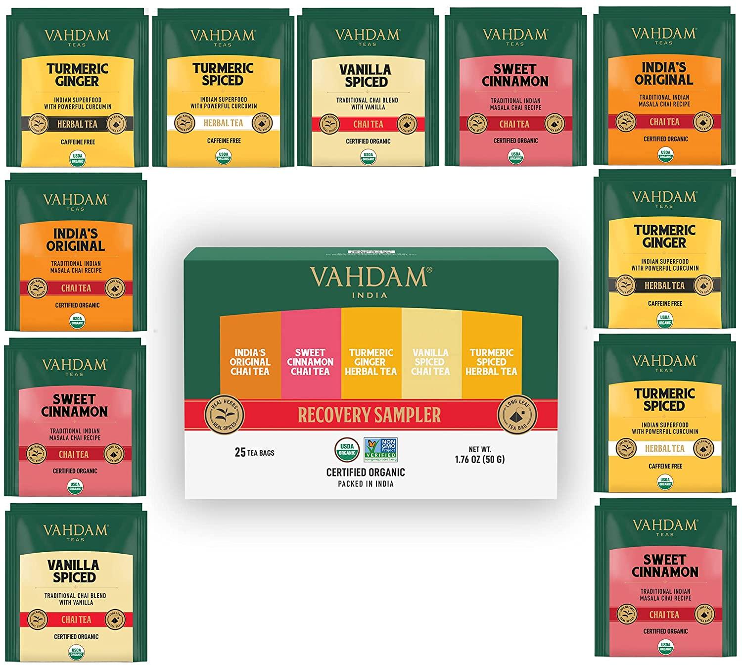VAHDAM Recovery Tea Sampler 25 Long Leaf Pyramid Tea Bags Gift Set