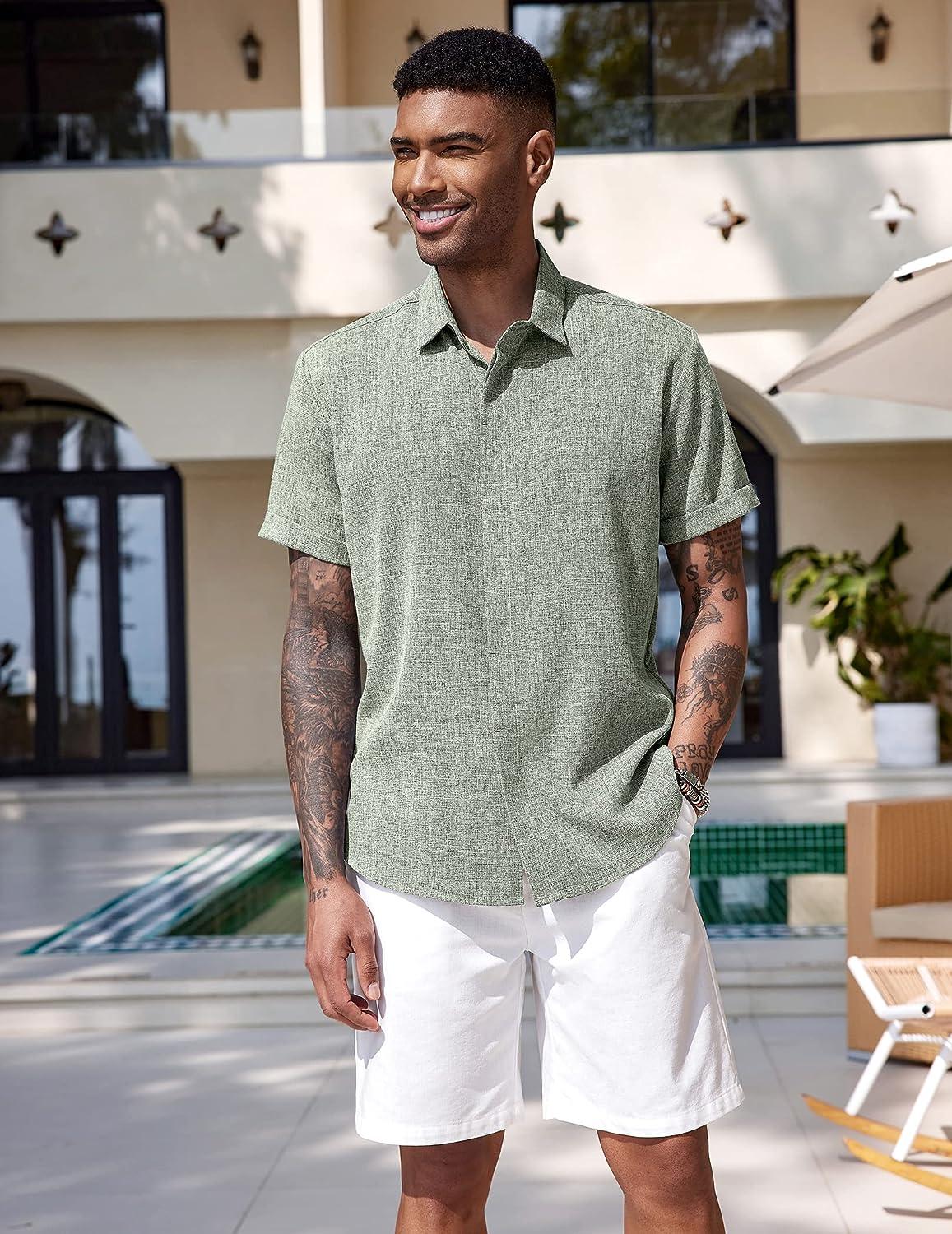 COOFANDY Men's Linen Shirts Short Sleeve Casual Shirts Button Down Shirt  for Men Beach Summer Wedding Shirt Light Green X-Large