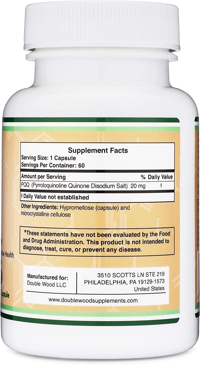 PQQ Supplement 20mg, 60 Capsules (Pyrroloquinoline Quinone) Promotes Mitochondria ATP Coenzyme