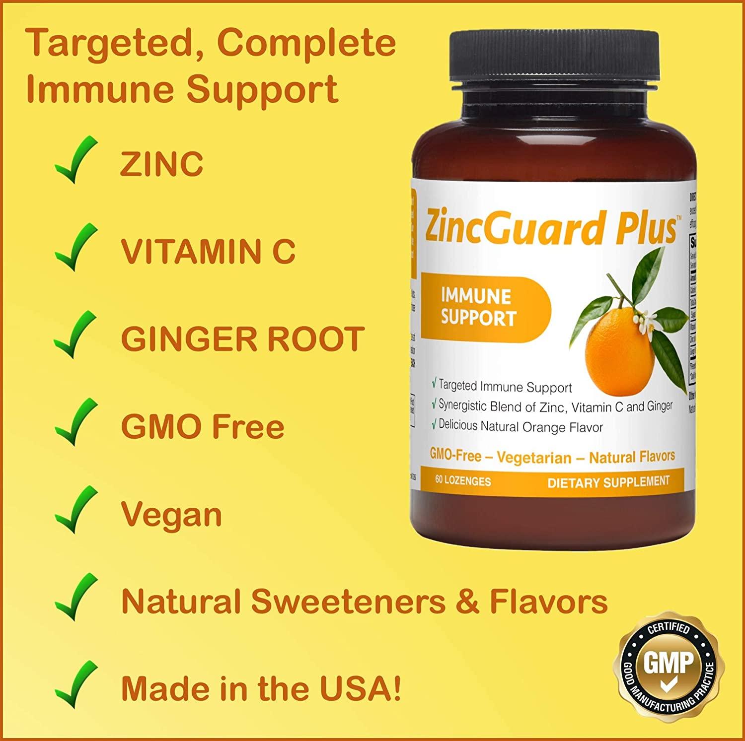 ZincGuard Plus Lozenges with Vitamin C & Ginger, 60 Naturally Orange Flavored Lozenges, GMOFree
