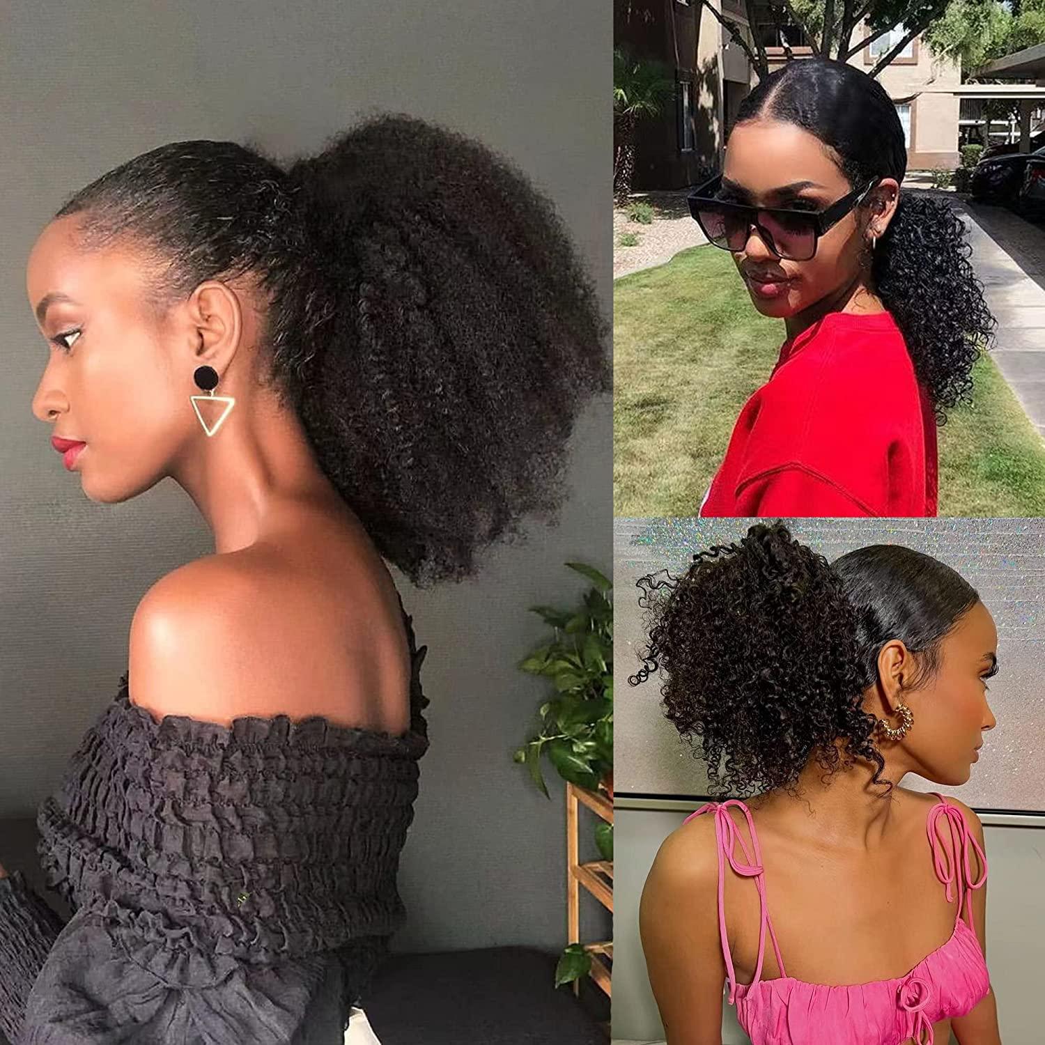 HLSK Afro Puff Drawstring Ponytail Human Hair for Black Women(14 Inch),  150% Density 10A Brazilian Virgin Human Hair Ponytail, 3A 4C Afro Kinky  Curly Clip in Ponytail Extension for Natural Black Hair