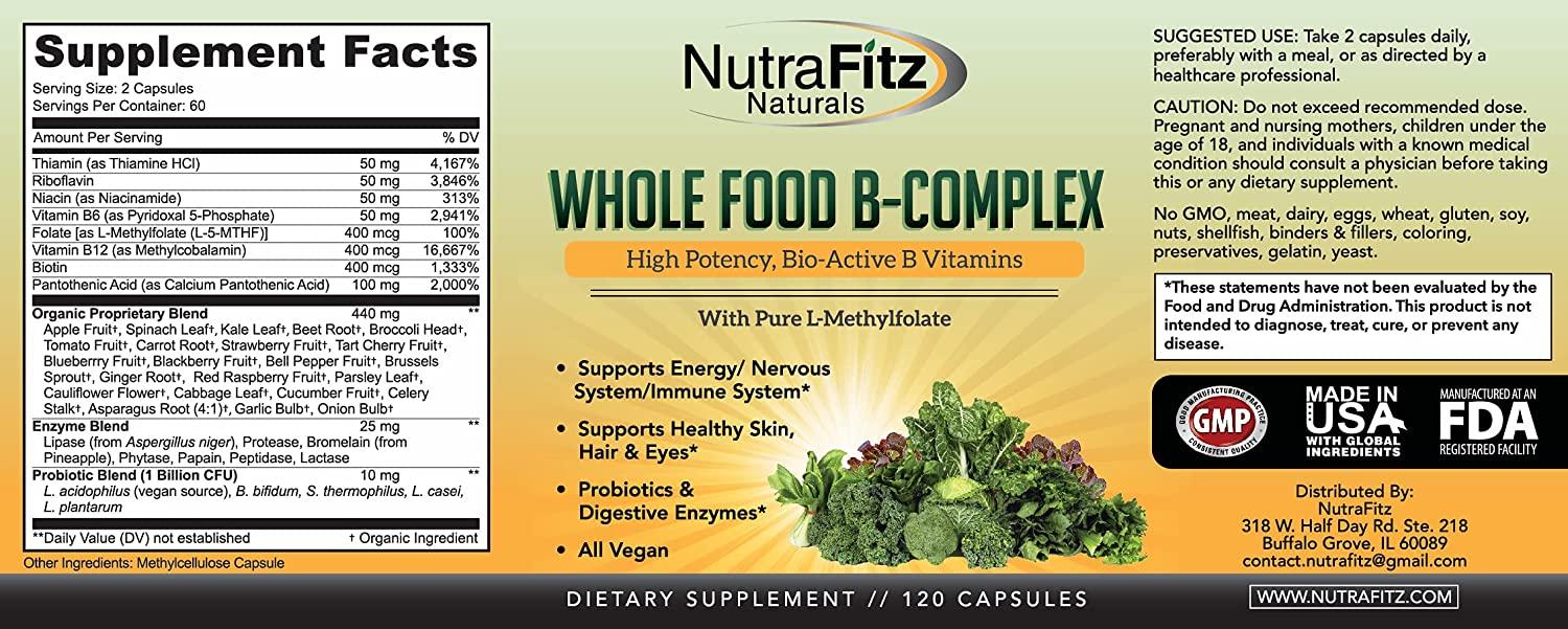 Vitamin B Complex Whole Food Supplement Vegan 120 Capsules for Stress