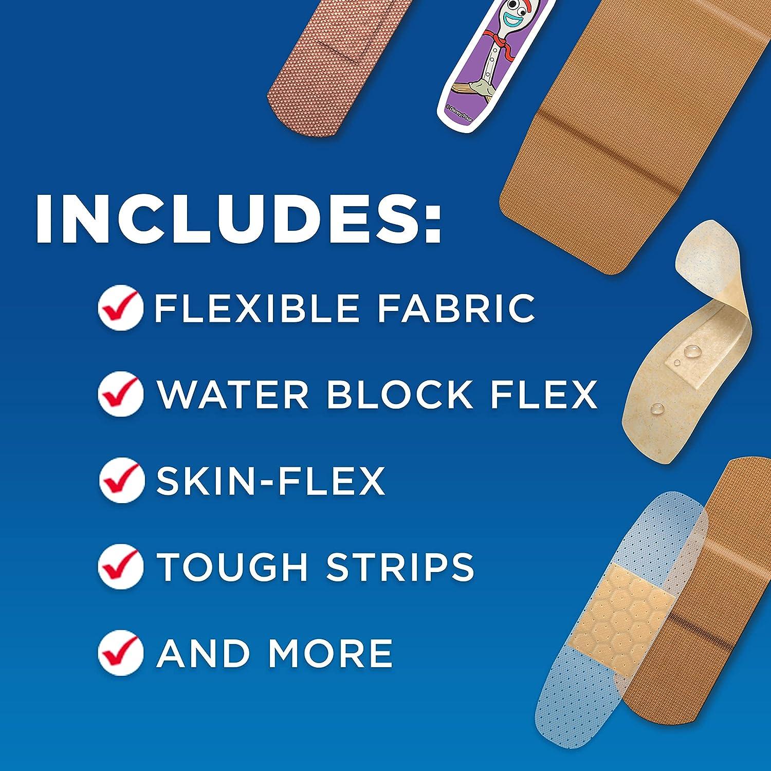 Band-Aid Adhesive Bandage Family Variety Pack in Assorted Sizes Featuring  Water Block & Skin Flex, Flexible Fabric, Tough Strips & Pixar Character  Bandages, 110 Count 110 Piece Assortment