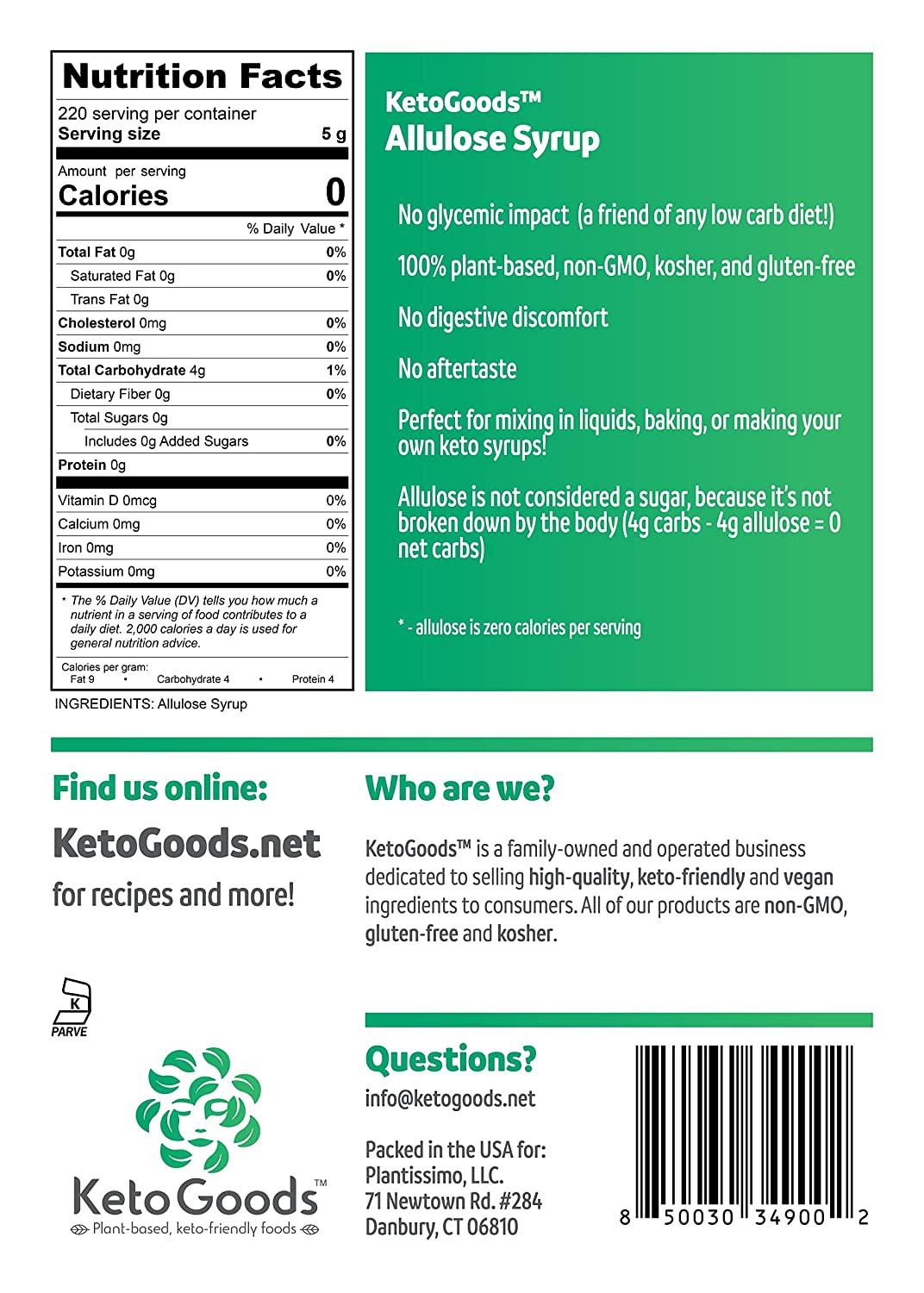 KetoGoods Allulose Simple Syrup (2.5lb/40oz) No carbs/calories, Keto