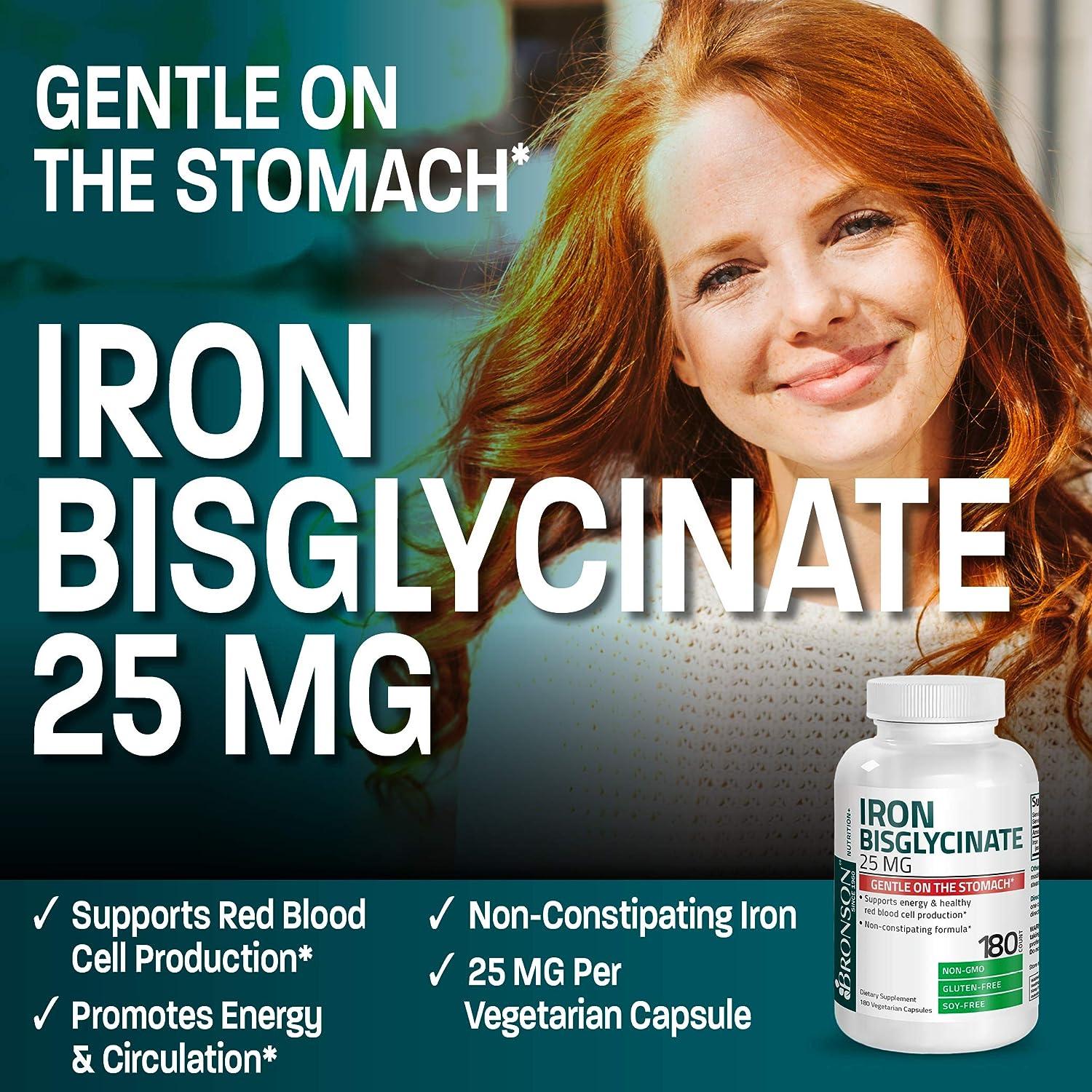 Bronson Iron Bisglycinate 25mg Gentle on Stomach Supports Energy