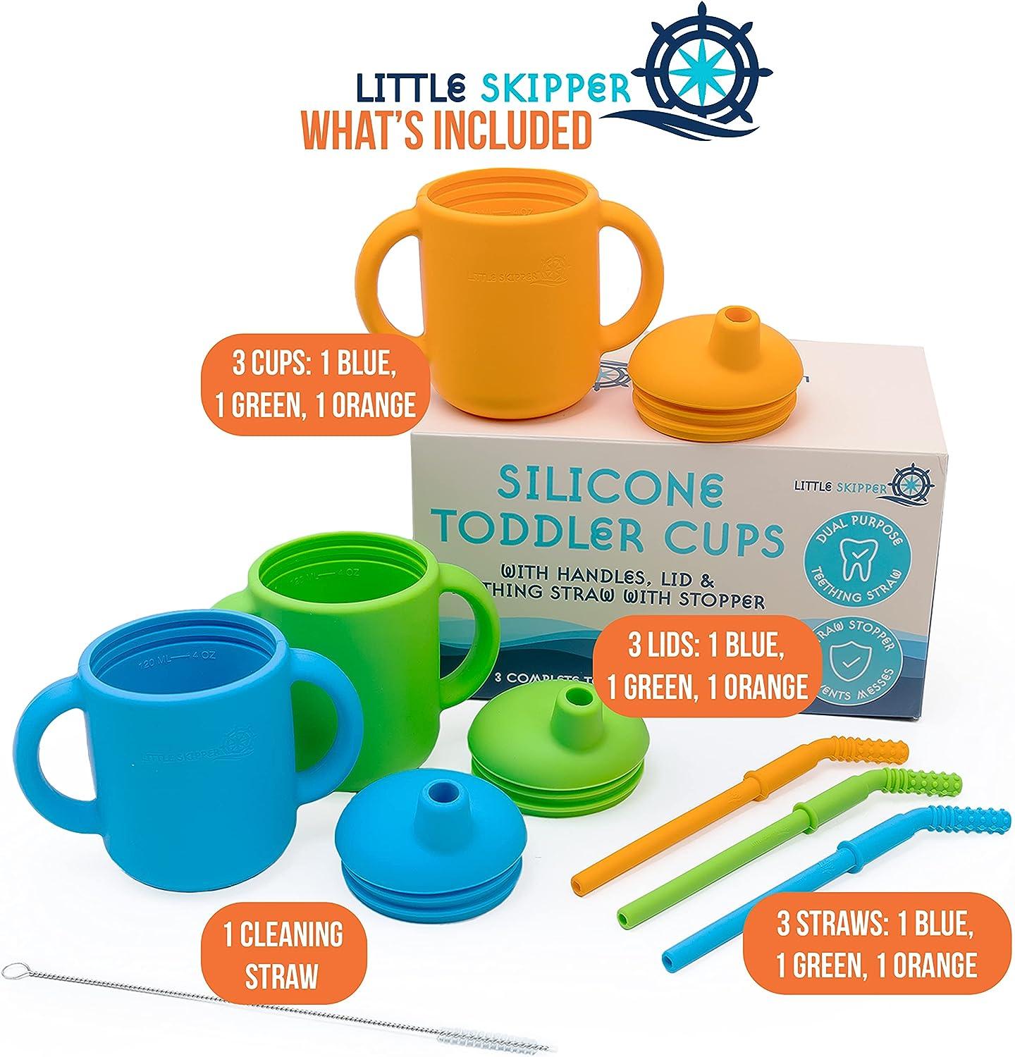 LITTLE SKIPPER Transition Sippy Cups for Baby 6+ Months with Teething Straw  (Dual Teething Tube with Stopper) Silicone Toddler Cups with Straw. Babies  Hollow Teething Stick Toddler Training Cup 3pk