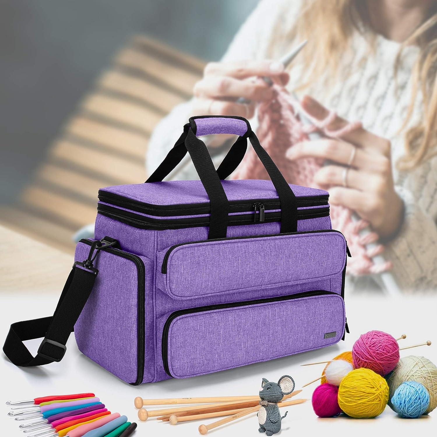YARWO Knitting Yarn Bag, Portable Crochet Storage Tote with Double Top  Cover and Yarn Holes for Knitting Needles(Up to 14), Unfinished Projects  and Skeins of Yarn, Purple