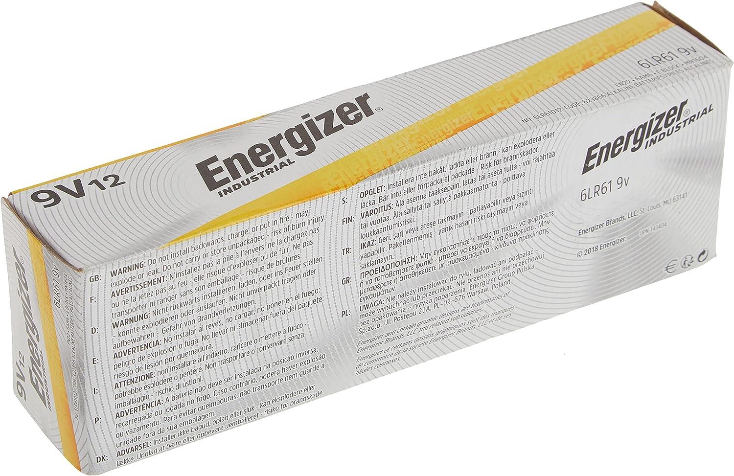Energizer Industrial 9 Volt Batteries, Alkaline 9v Battery (12 Count) 12  Count (Pack of 1)