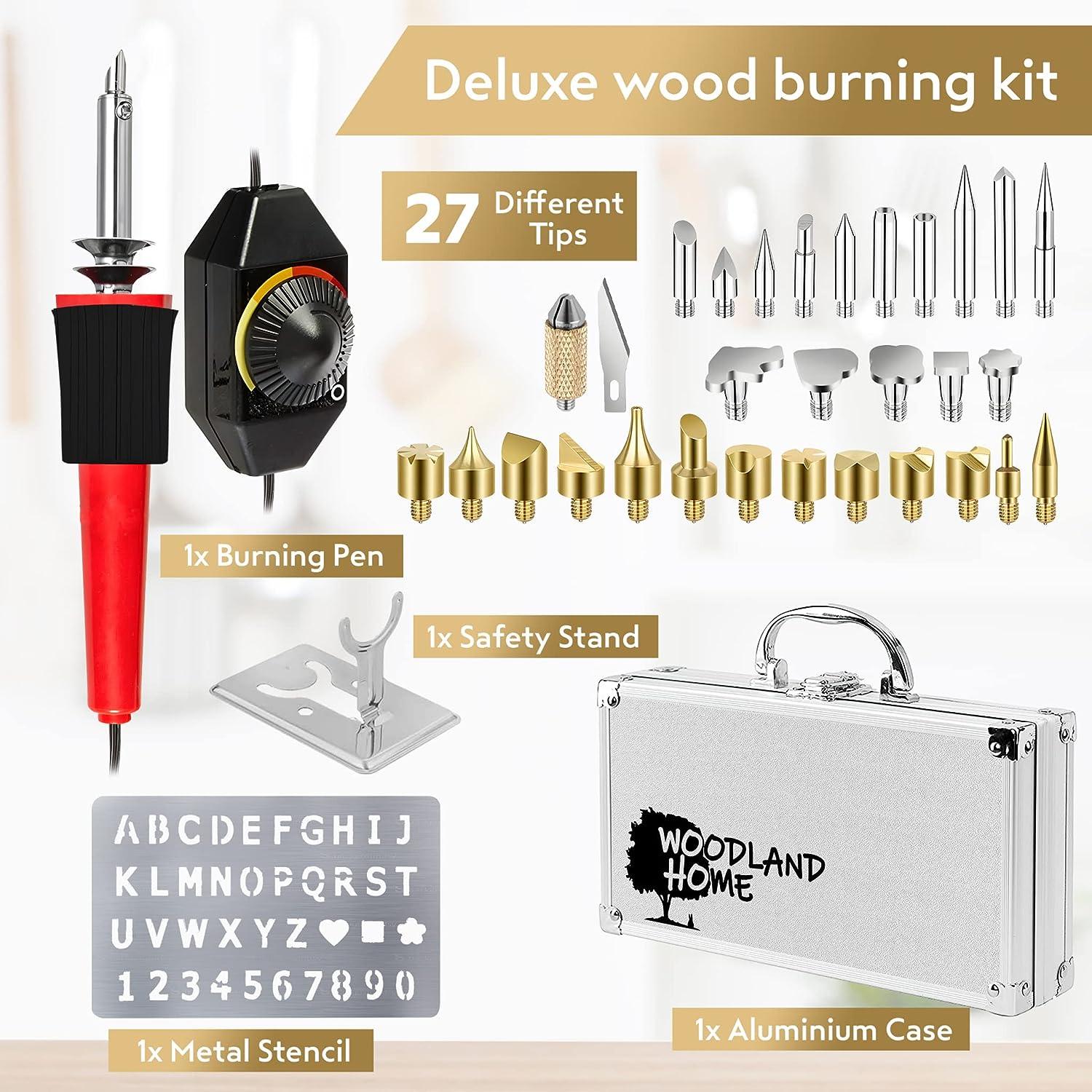 Woodland Home Wood Burning Kit. Pyrography Pen Fully Adjustable Temperature  with Safety Stand. 27 Tips with Cutting Blade, Stencils and Deluxe Case