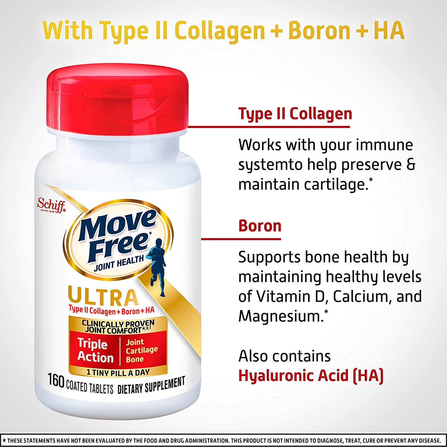 Move Free Ultra Triple Action Joint Support Supplement - Type II Collagen  Boron & Hyaluronic Acid - Supports Joint Comfort, Cartiliage & Bones in 1  Tiny Pill Per Day, 160 Tablets (160 servings)* 160ct Capsules