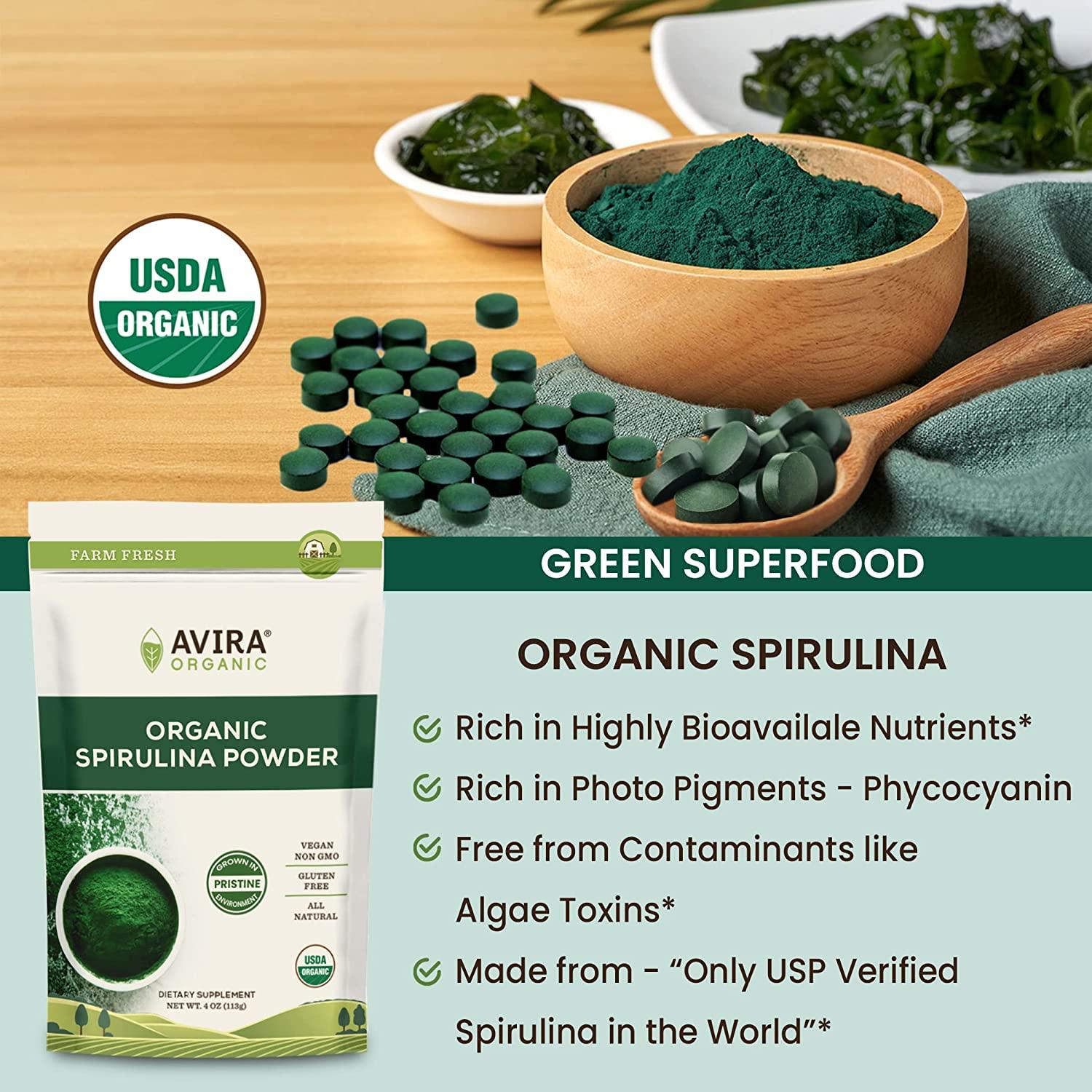 Avira Organic Spirulina Powder 4 Oz Green Superfood for Smoothies