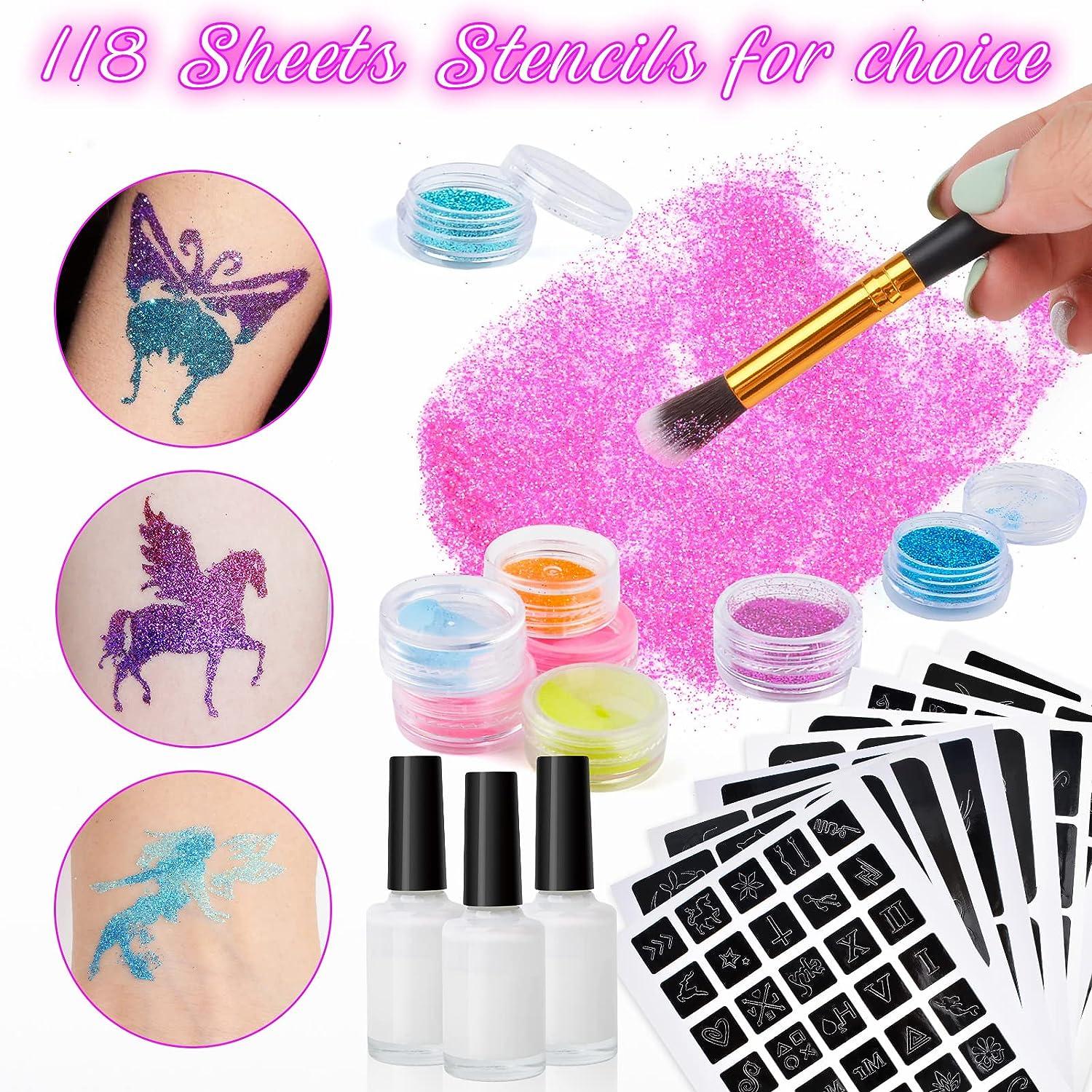 Temporary Glitter Tattoos Kids,32 Glitter Colors and 6 Fluorescent  Colors,165 Stencils,2 diamond stickers,3 Glue,5 Brushes,1 Powder  Puff,Adults and
