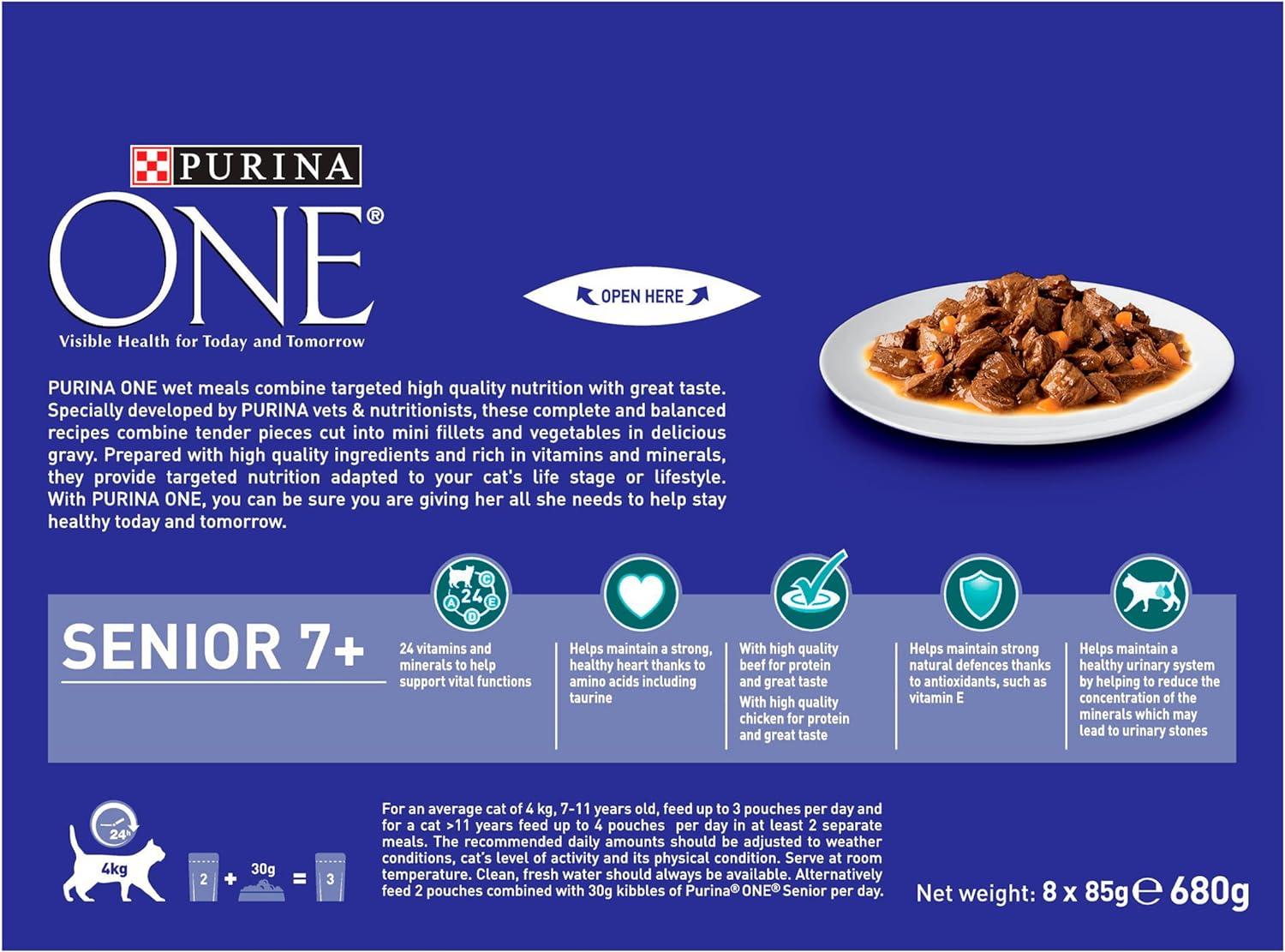Purina One Senior 7  Wet Cat Food Chicken and Beef 8x85G Pack of 5 ...