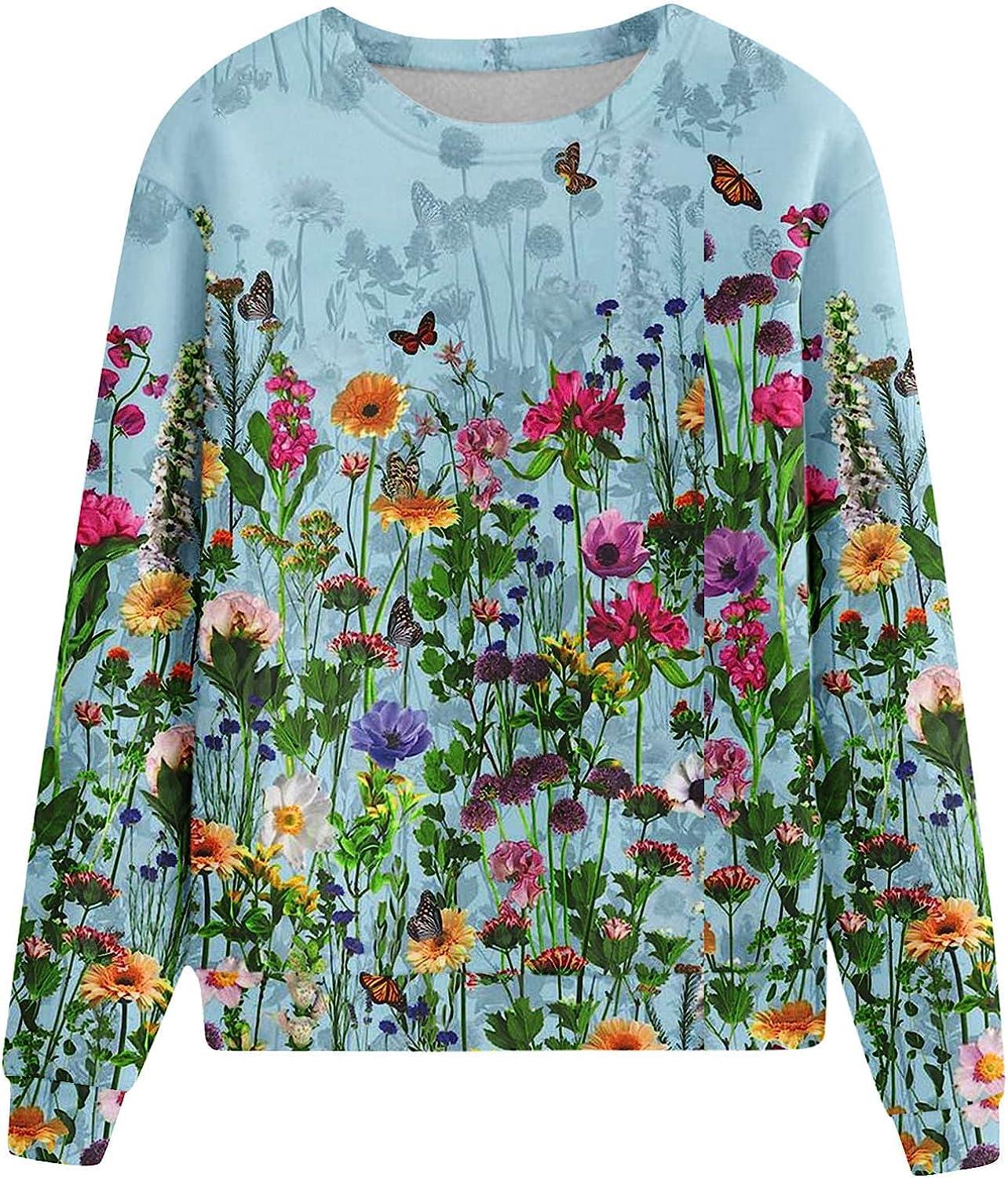 Fall Sweatshirts for Women Casual Crewneck Long Sleeve Tops Plus Size  Floral Shirts Loose Comfortable Blouses X-Large 02 Sky Blue