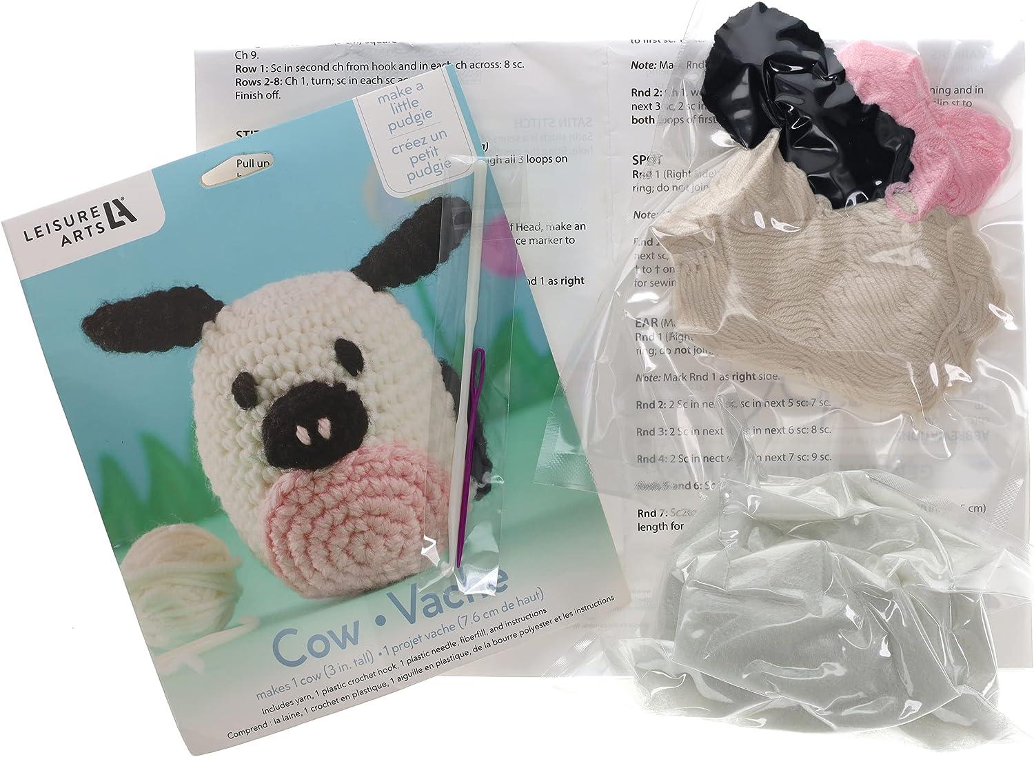 LEISURE ARTS Pudgies Animals Crochet Kit, Cow, 3, Complete Crochet kit,  Learn to Crochet Animal Starter kit for All Ages, Includes Instructions,  DIY amigurumi Crochet Kits