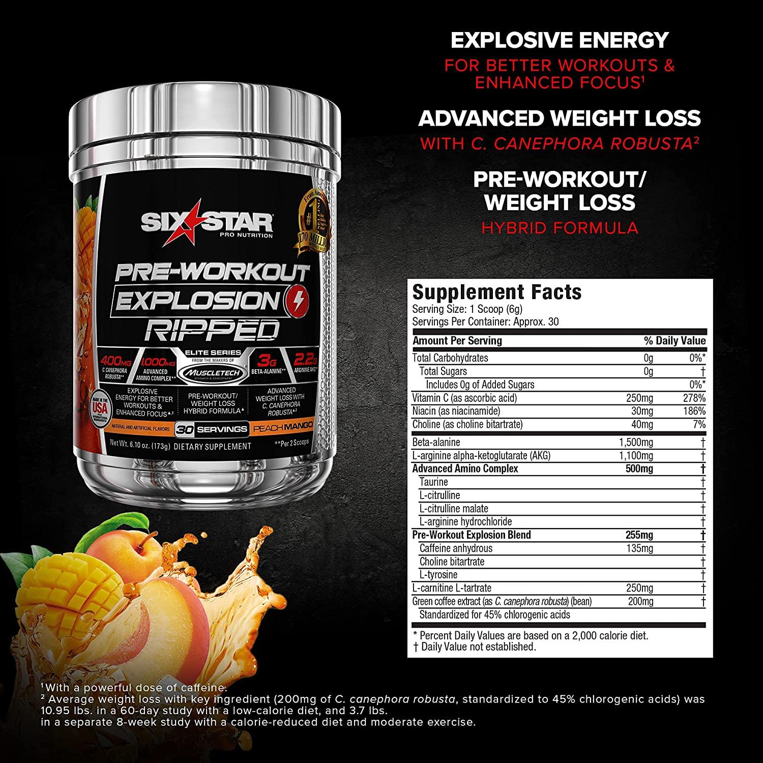 Six Star Elite Series PreWorkout Explosion Ripped Peach Mango 6.10 oz