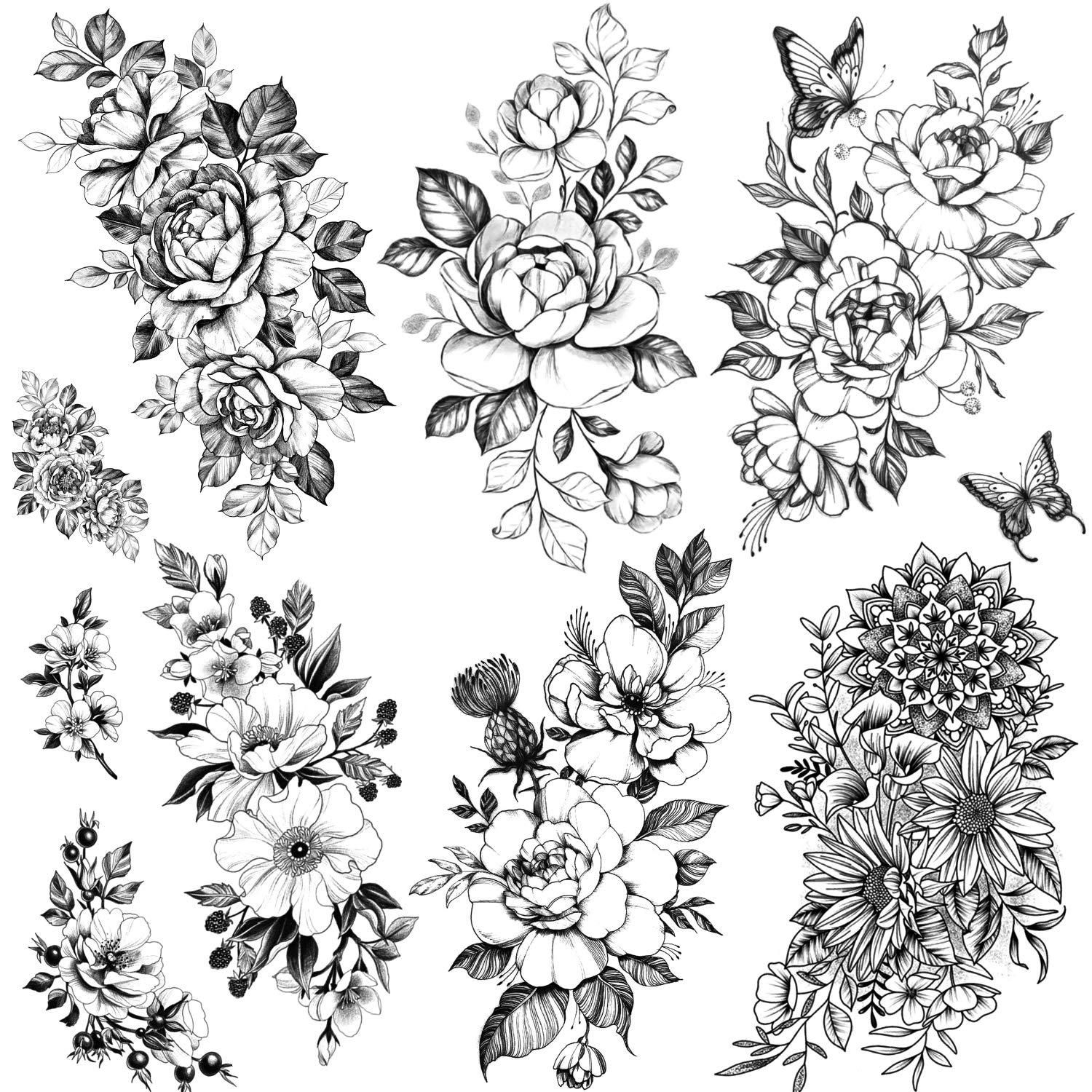Kotbs 6 Sheets Large Sexy Flower Rose Temporary Tattoos for Women Waterproof Black Floral Arm
