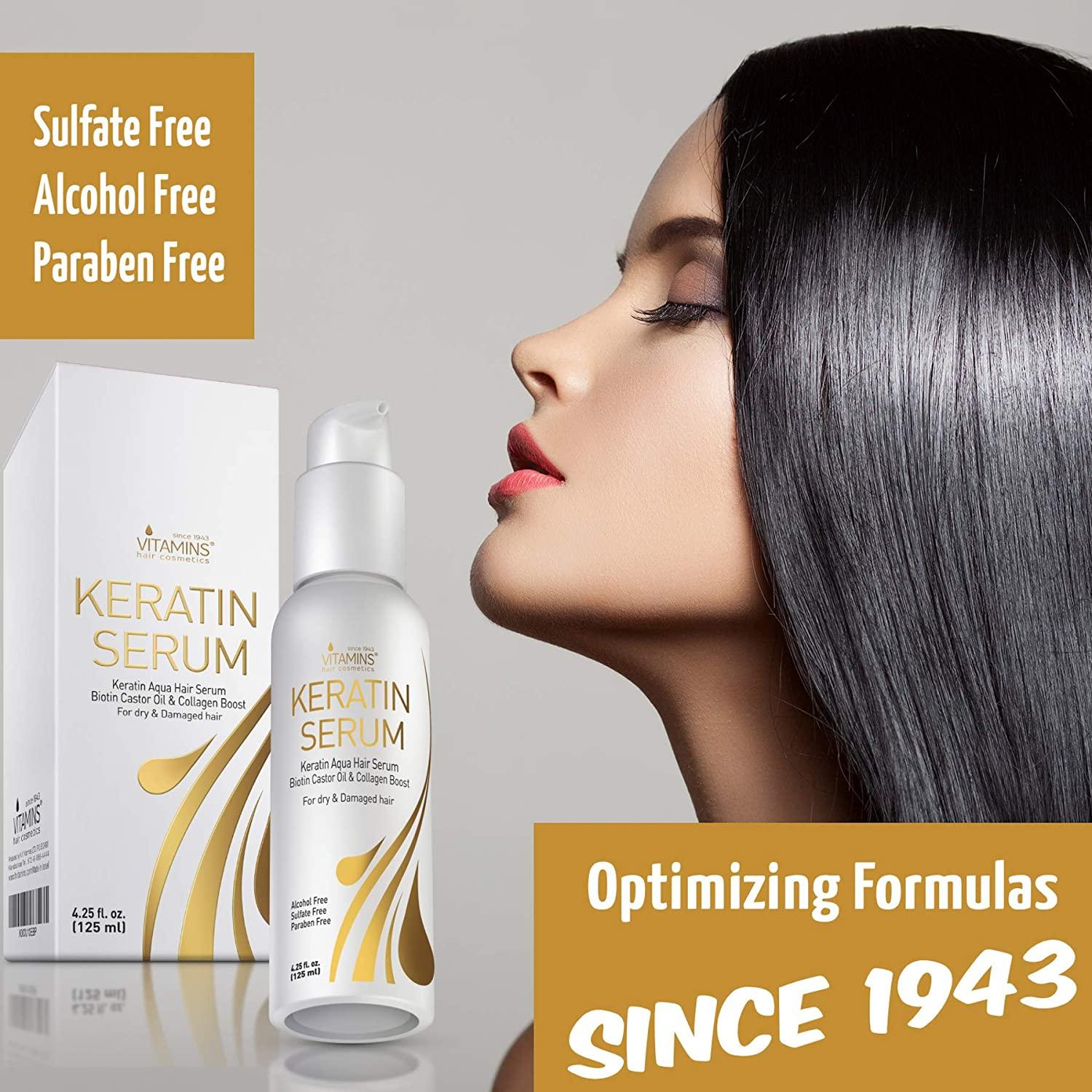 Vitamins Keratin Protein Hair Serum - Biotin Anti Frizz Control Repair  Treatment with Castor Oil for Frizzy Dry Damaged Hair - Straight or Curly  Hair Products - Heat Protectant for Shine and Gloss