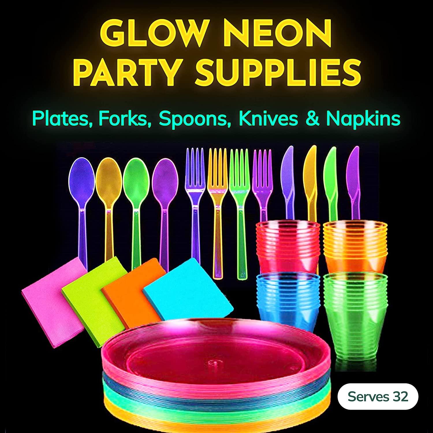 Glow Neon Party Supplies - Serves 32, Hard Plastic Disposable Neon Party  Plates, Napkins, Cups Tumblers, Cutlery Forks Knives Spoons, Glow in the Dark  Neon Party Fiesta Plates Encanto Birthday Party Complete