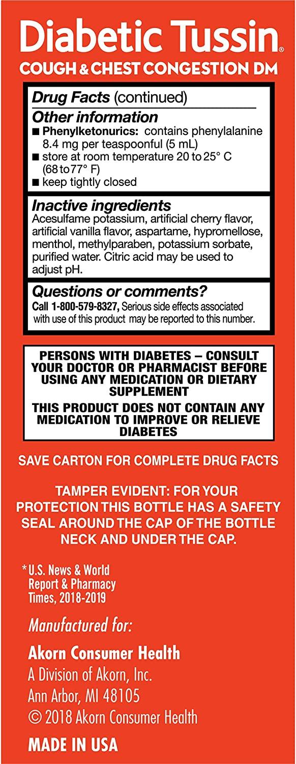 Diabetic Tussin Cough & Chest Congestion Relief Syrup SugarFree, 4 Fl Oz