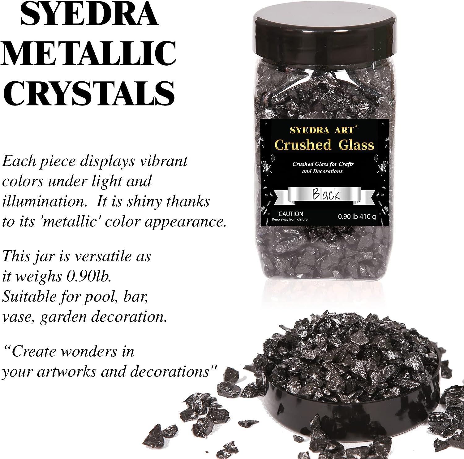 Syedra Art Syedra Crushed Glass for Crafts,Glitter Crushed High Luster Chips, Broken Glass Pieces, 3-6mm, 410g (Black)