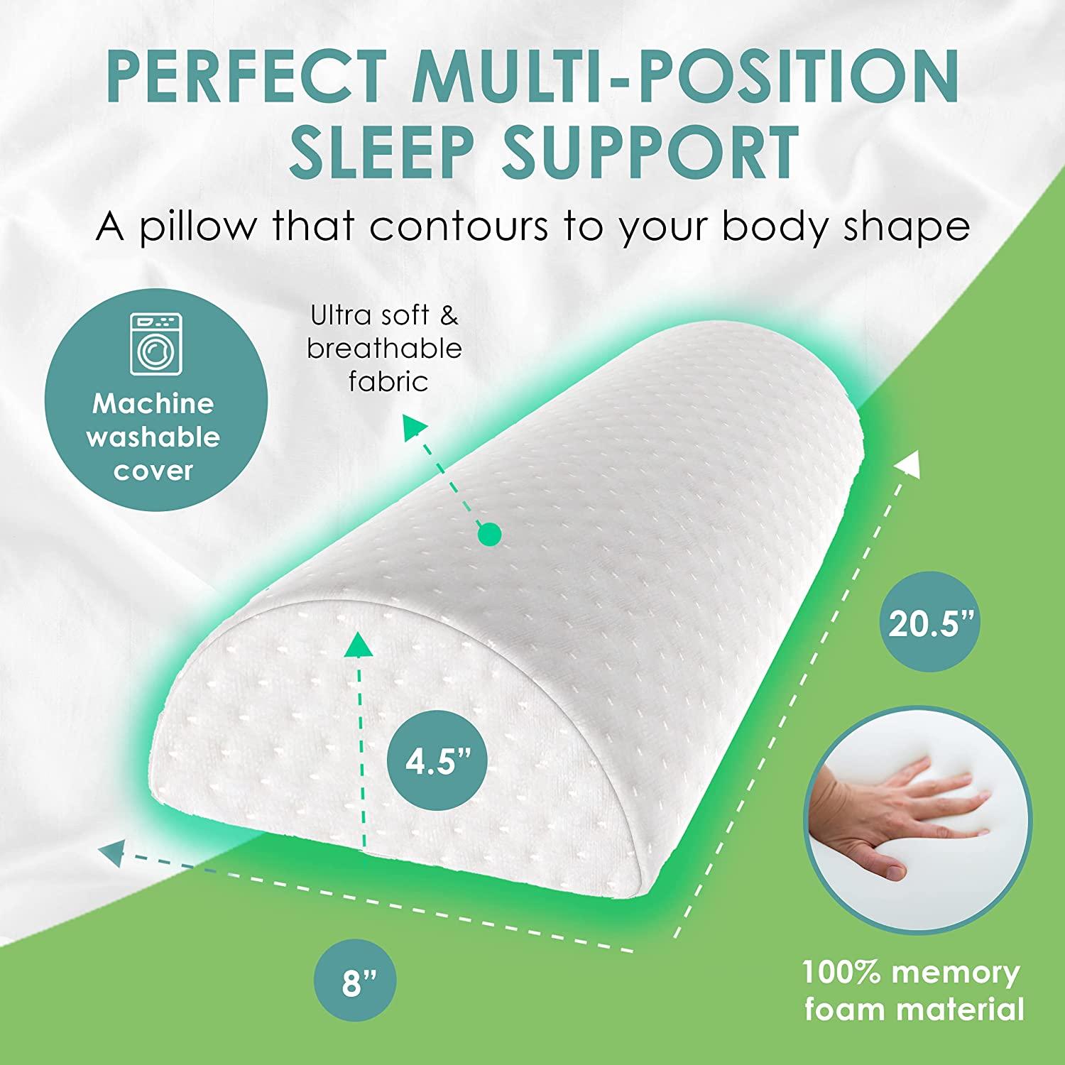Cushy Form Bolster Pillow for Lumbar and Leg Support - 20.5 x 8 x 4.5  Inches Half Moon Memory Foam Cushion for Stomach, Back & Side Sleepers -  Roll
