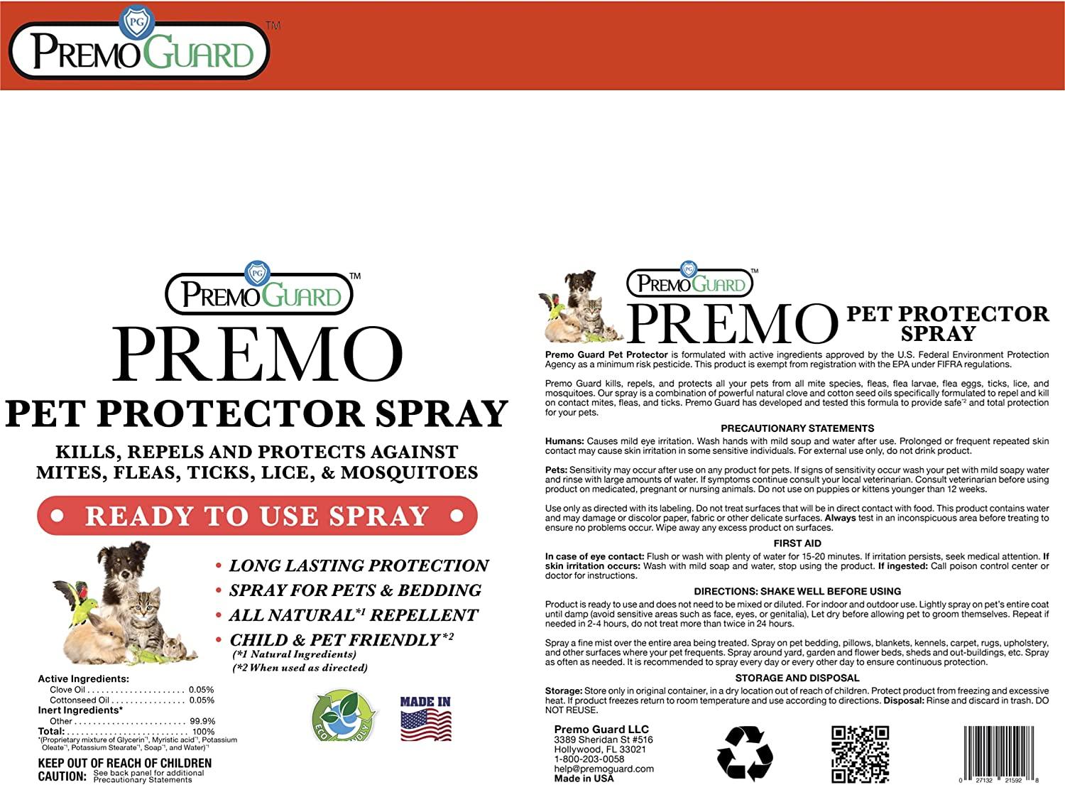 Pet Protector Premo Guard 32 oz Mite, Flea, Tick, & Mosquito Spray for