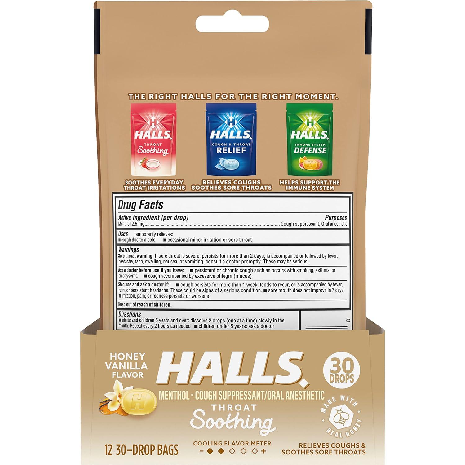 HALLS Throat Soothing Honey Vanilla Cough Drops 12 Bags of 30 Drops