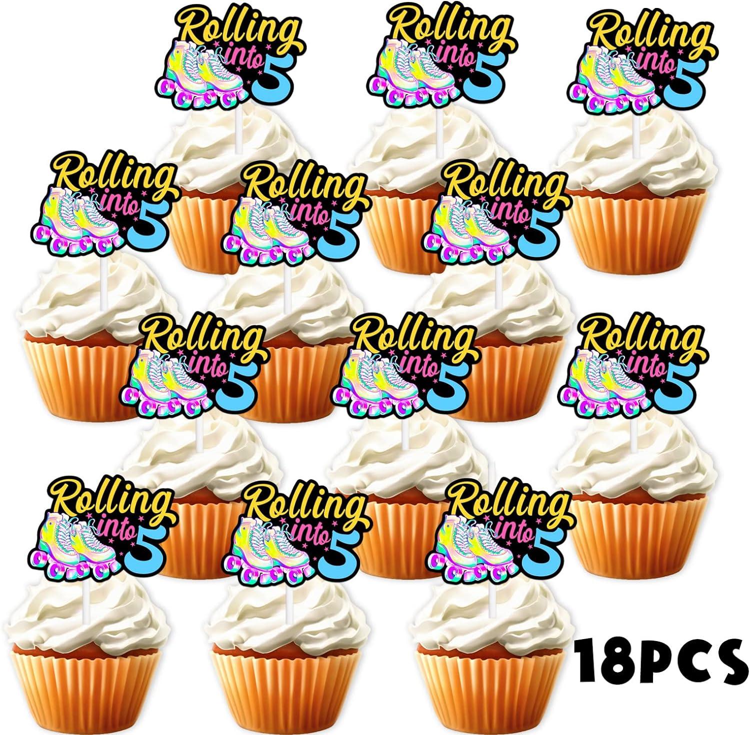 18pcs Gold Glitter Roller Skates Dessert Cupcake Topper 80s 90s Retro