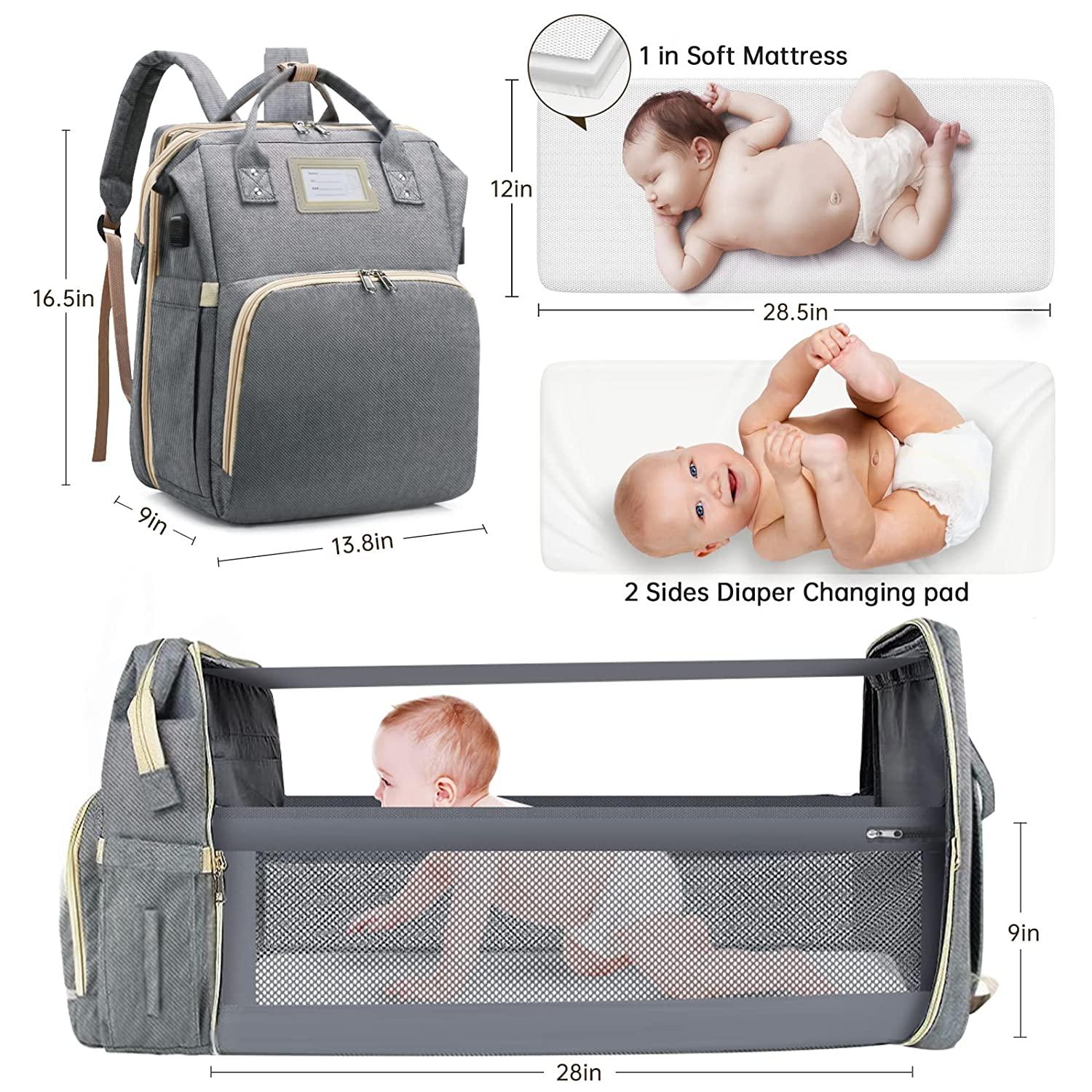 Baby Changing Bag Backpack, Nappy Changing Bag with Foldable Cot Bed, Large  Capacity Baby Diaper Bag with Changing Pad for Mum, Waterproof Portable