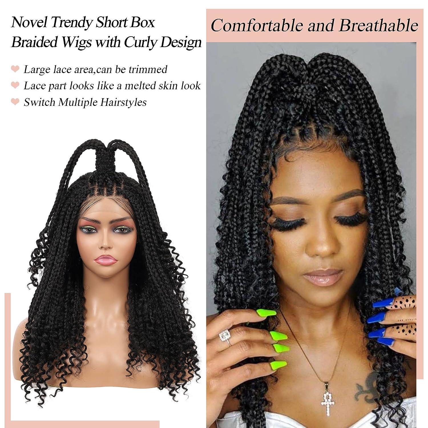 Lexqui 13X6X4 Inch Lace Front Knotless Box Braided Wigs with Boho Curly for  Women Handmade Short braided Lace Wig with Baby Hair Curl Ends Black  Synthetic Cornrow Lace Frontal Braids Hair Wig
