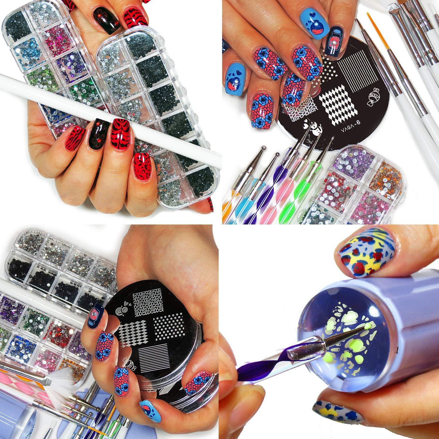 VAGA Manicure Set Nail Art Supplies Nail Kit 2 Boxes of 1500 Gemstones  Crystals Gems Stampers Scrapers Stamping Plates Dotting Tools Nails Brushes  and Rhinestones Decorations Picker Pencil