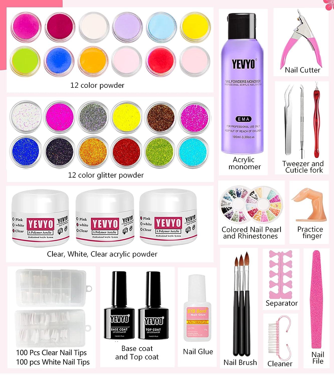 24 In 1 Acrylic Nail Kit For Beginners 12 Color Glitter Acrylic Powder  White Clear Pink Acrylic Powder Nails Extension Professional Nails Kit  Acrylic