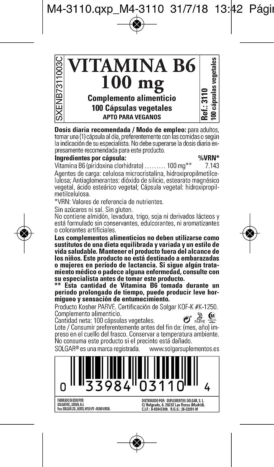 Solgar Vitamin B6 100mg Vegetable Capsules 100 Count