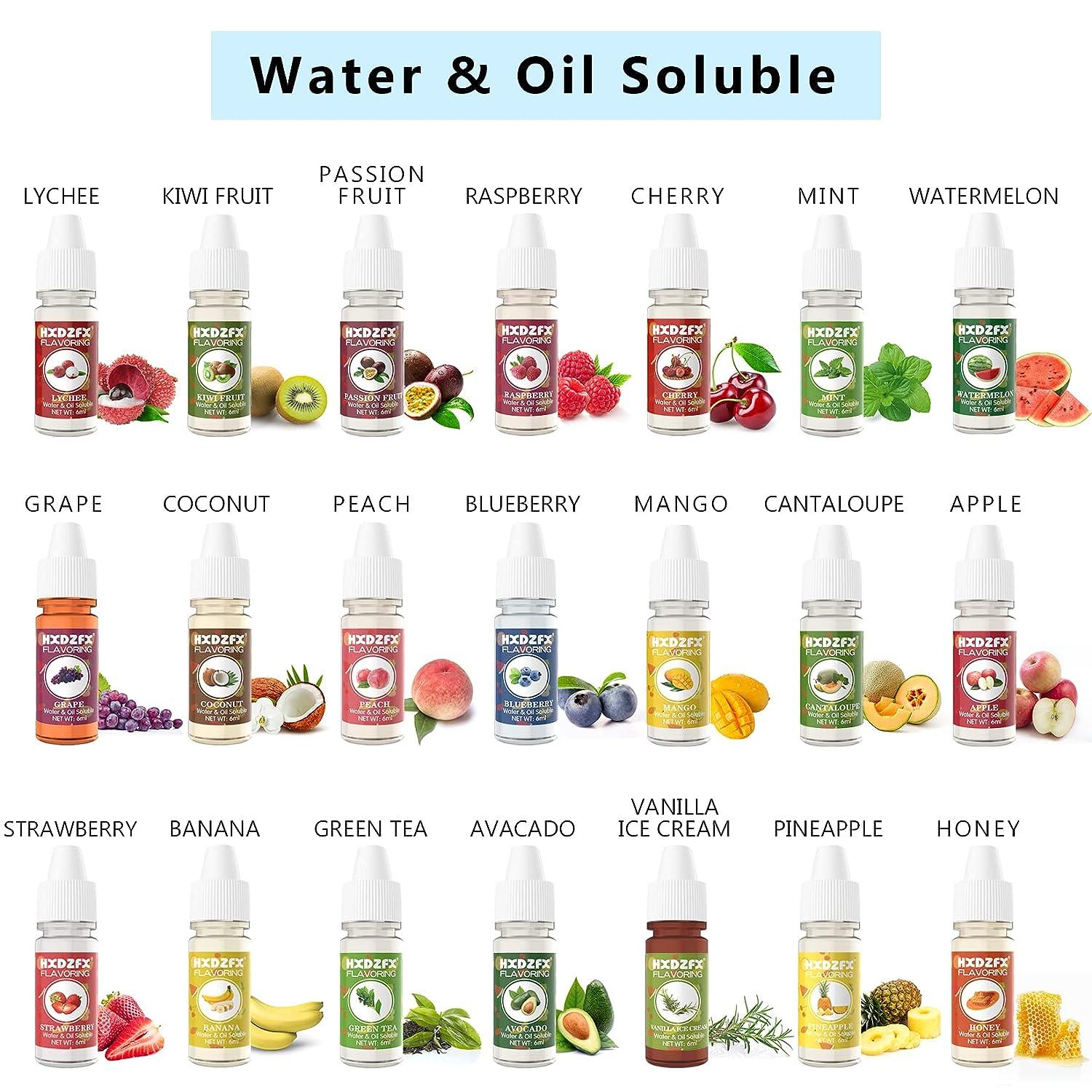 Food Flavoring Oil, 30 Liquid Flavors -Water & Oil Soluble - Concentrated  Candy Flavors for lip Balm, Baking, Cooking, Soap and Slime Making - .2 Fl  Oz (6 ml) Bottles