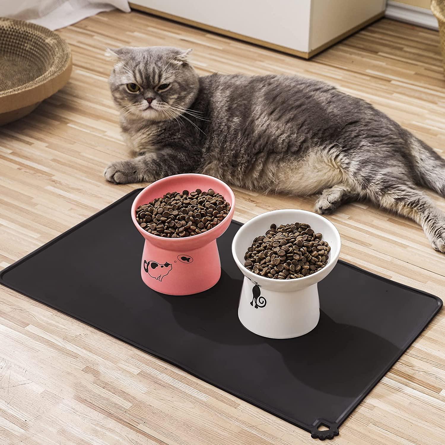 20 x 12 Inch Grey/Black/Blue Silicone Waterproof Pet Feeding Mat, Dog Cat  Bowl Mat for Food and Water,Raised Edges, Anti-Slip Tray Mats